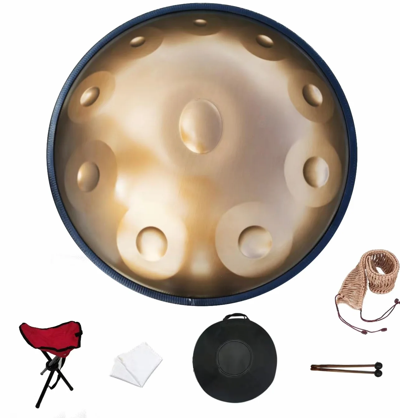 Handpan bęben, 56 cm D moll 10-nutowy 432 Hz złote bębny ręczne z akcesoriami