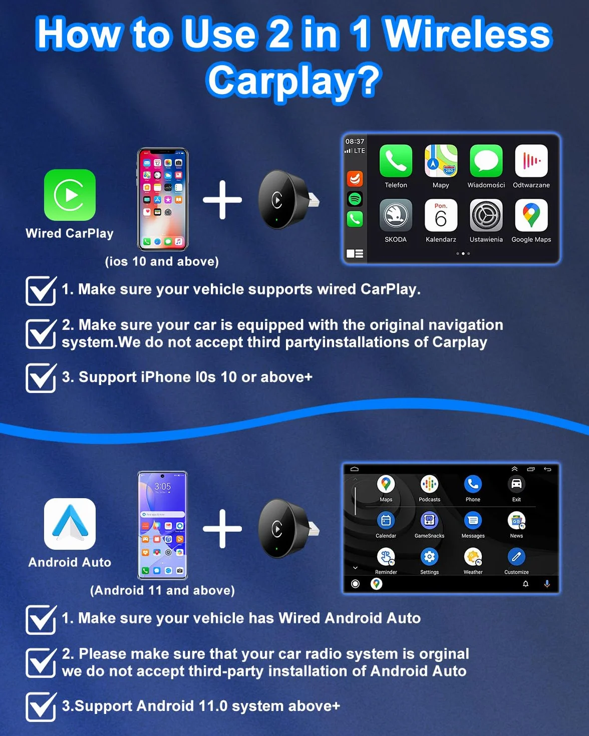 Mini bezprzewodowy adapter samochodowy do fabrycznie zainstalowanych systemów pojazdów, Plug & Play adapter USB C do pojazdów z przewodowym CarPlay/Android Auto (od 2016), WLAN BT 5.2, kompaktowa
