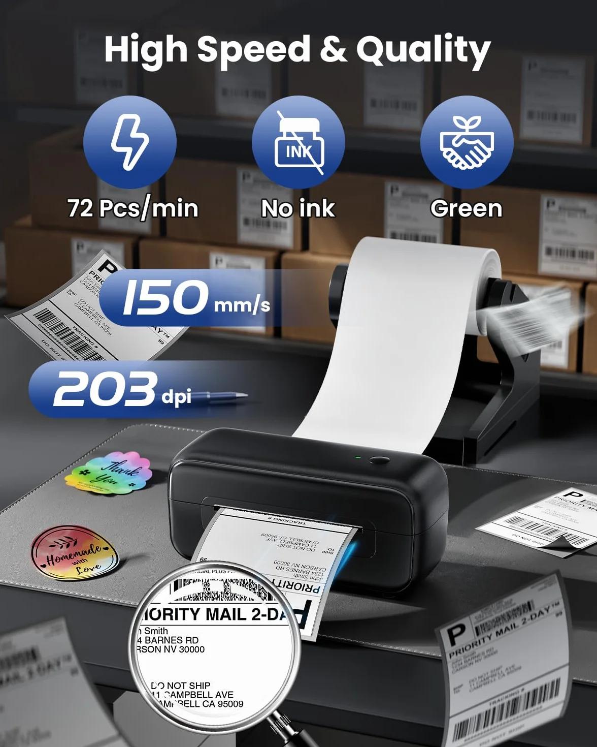 Phomemo Bluetooth Drukarka Etykiet Wysyłkowych,246BT Drukarka Etykiet Termicznych 4x6,Bezprzewodowa Drukarka do Przesyłek Pocztowych,Adresów,Logo,Kompatybilna z Ebay,Etsy,Amazon,Shopify Itp(Czarny)