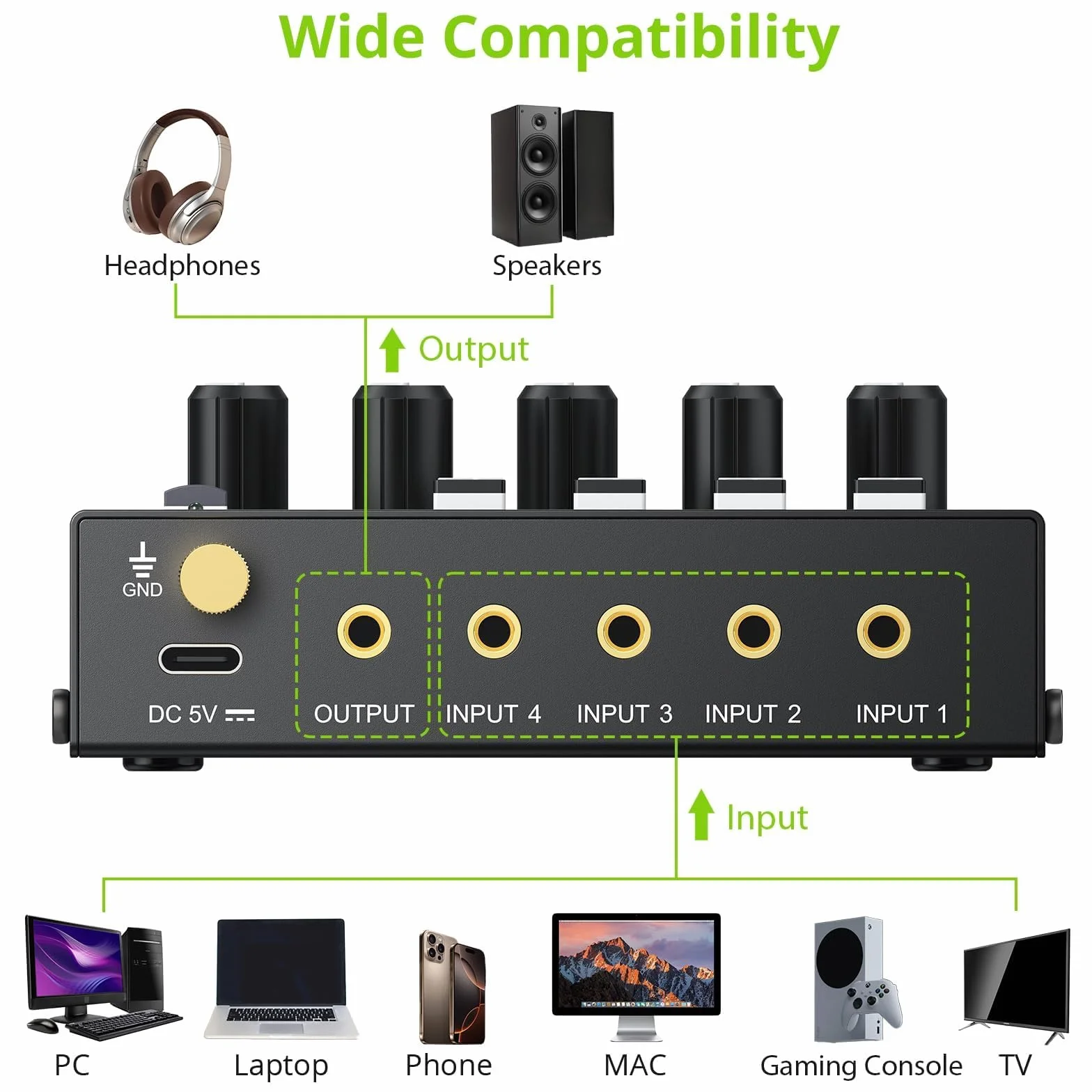 LiNKFOR 4-kanałowy mikser aktywny, 3,5 mm, mikser audio 4 w 1-out, mikser stereo z certyfikatem Master Volume zasilacz sieciowy, cicha, niezależna regulacja głośności do wzmacniaczy PC