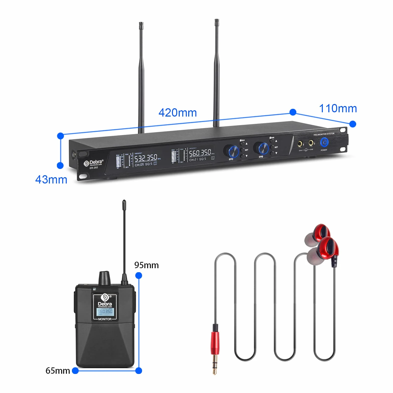 D Debra Audio PRO ER-202 UHF Dual Channel bezprzewodowy system monitoringu dousznego z nadajnikiem i odbiornikiem do sceny, studia nagrań, muzyków, monitoringu (2 body pack z nadajnikiem)