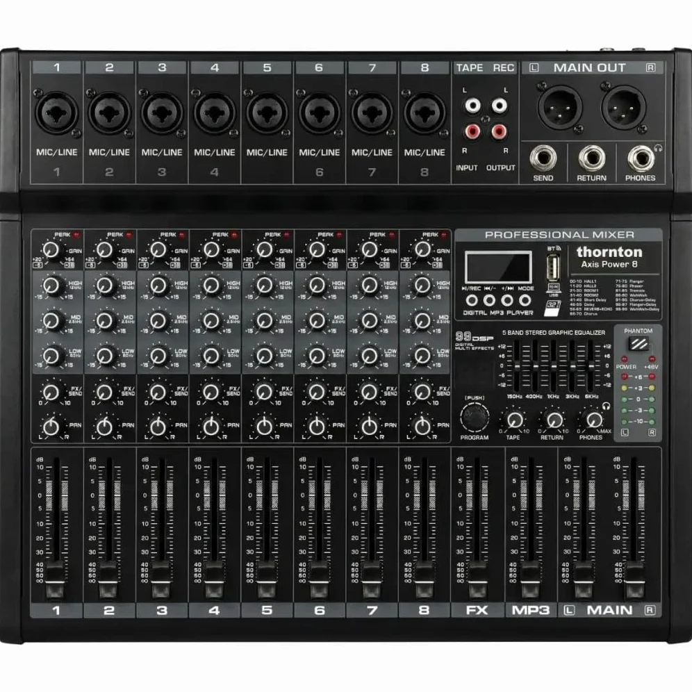 Thornton Axispower 8 mikser mocy 8 kanałów ze zintegrowanym wzmacniaczem, funkcją przesyłania strumieniowego Bluetooth i odtwarzaczem MP3 USB/SD