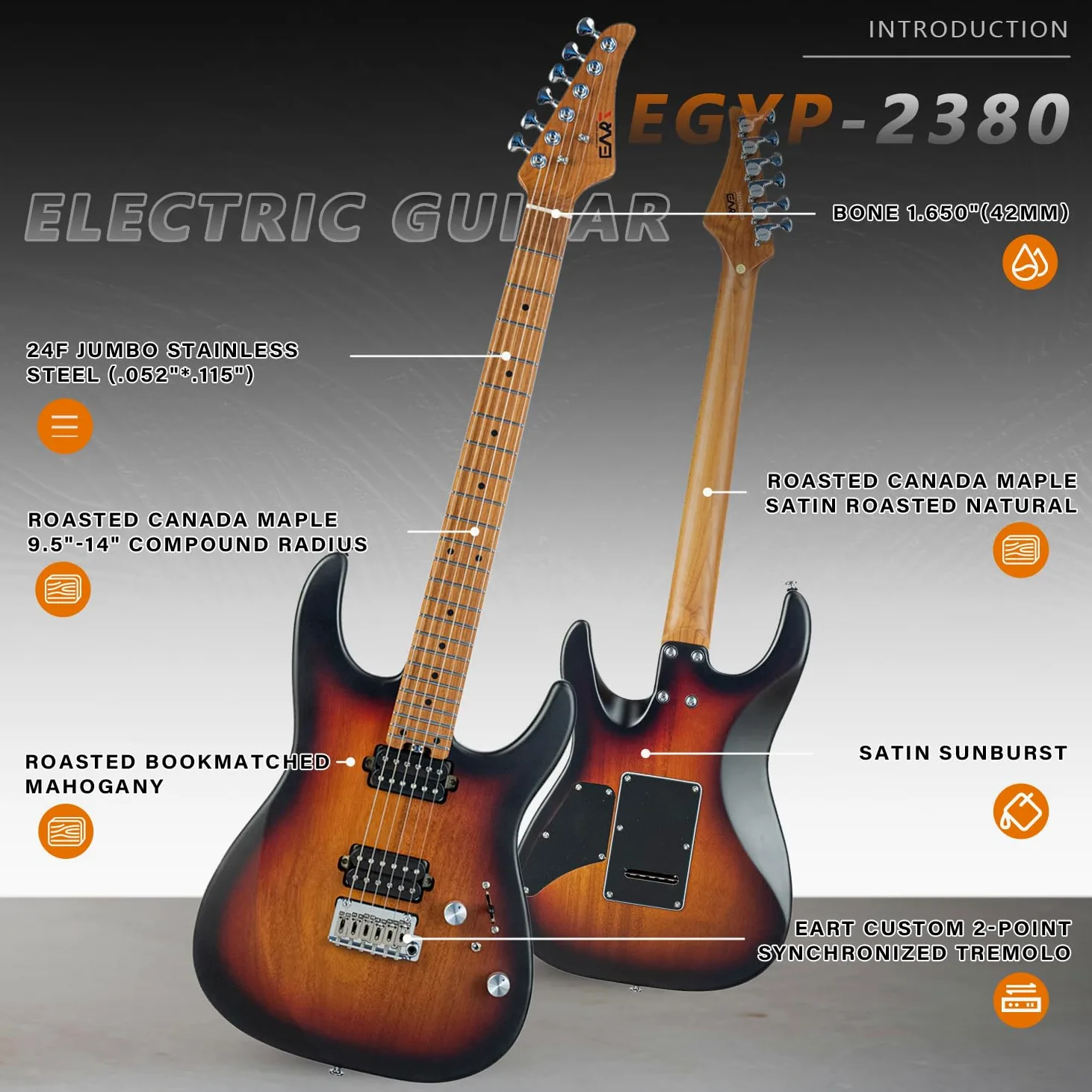 EART 6-strunowa gitara elektryczna z masywnym korpusem EYP-OMNI24 z palonym dębowym fornirem Bookmatched, zestaw wzmacniaczy Artones-Hh-Y dla kreatywnych młodych muzyków (Sunburst)