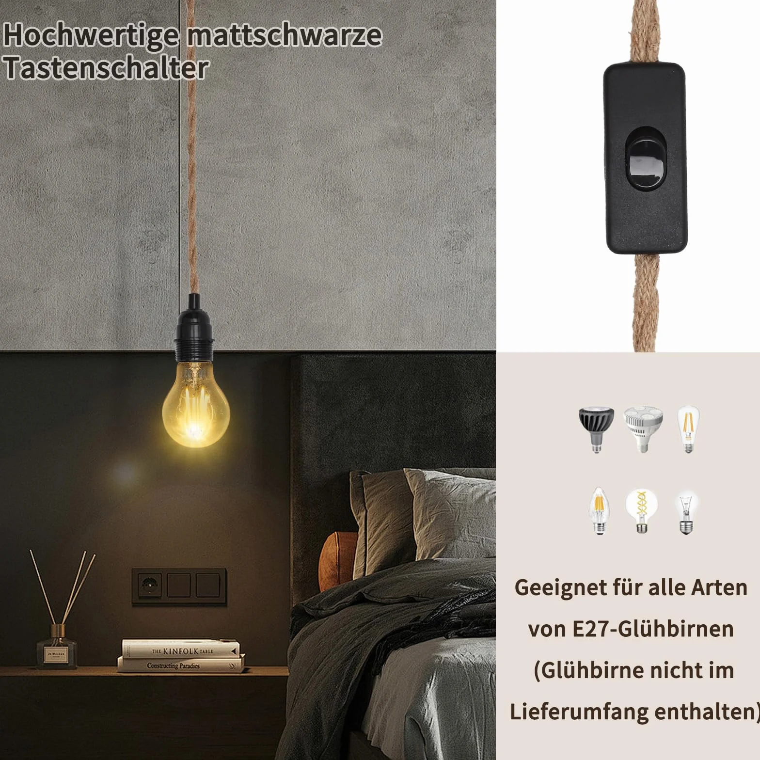 HENGBIRD Oprawka lampy E27 z kablem 4,5 m z woreczkiem śrubowym i hakiem bakelitowym, oprawa lampy konopnej w stylu vintage, z kablem i wtyczką, oprawa E27 do salonu, kuchni, baru, odporna na