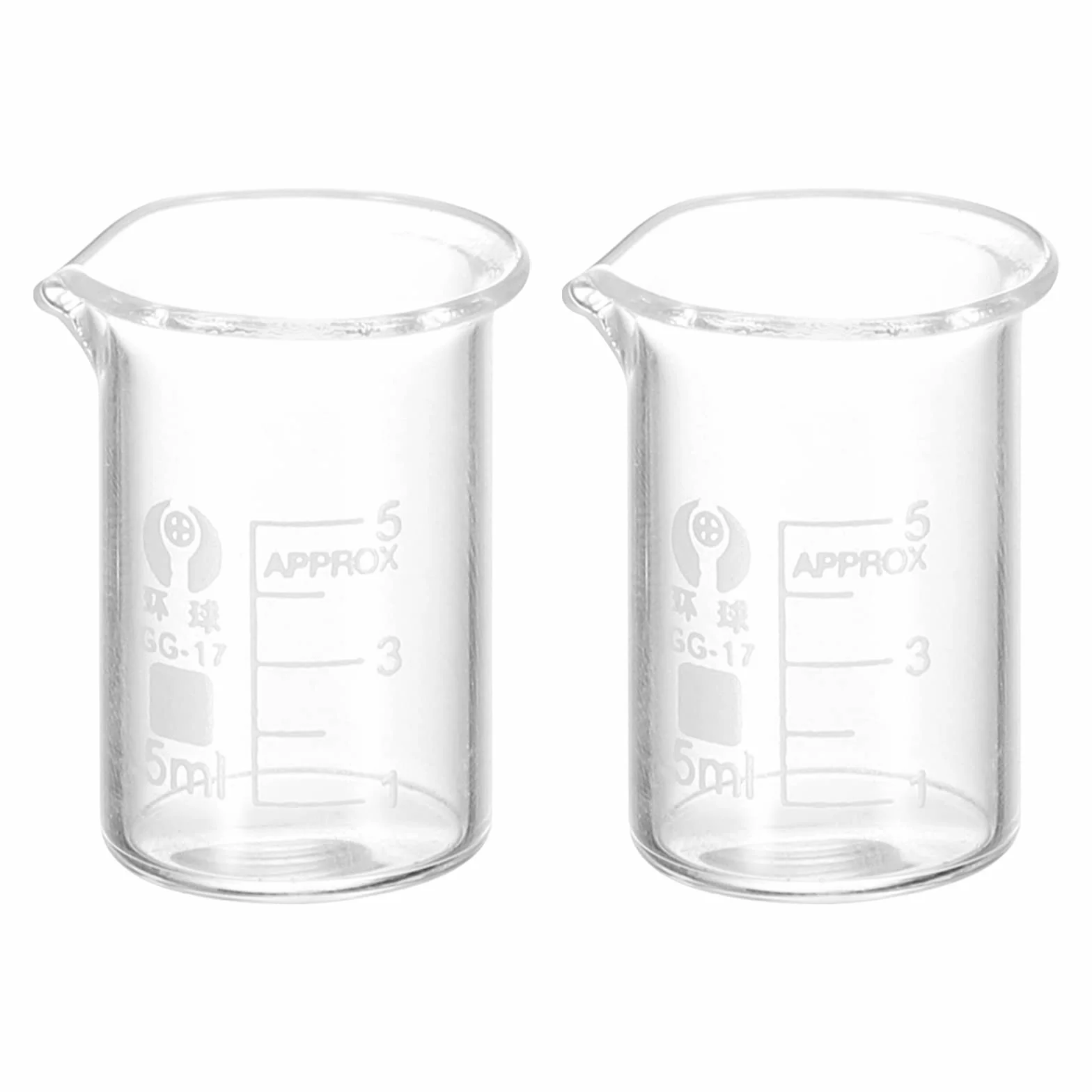 PATIKIL Szklana zlewka o niskiej formie, 5 ml, 3,3 ze szkła borokrzemowego, miarka ze szkła borokrzemowego, z wylewką, do płynów laboratoryjnych, 2 szt
