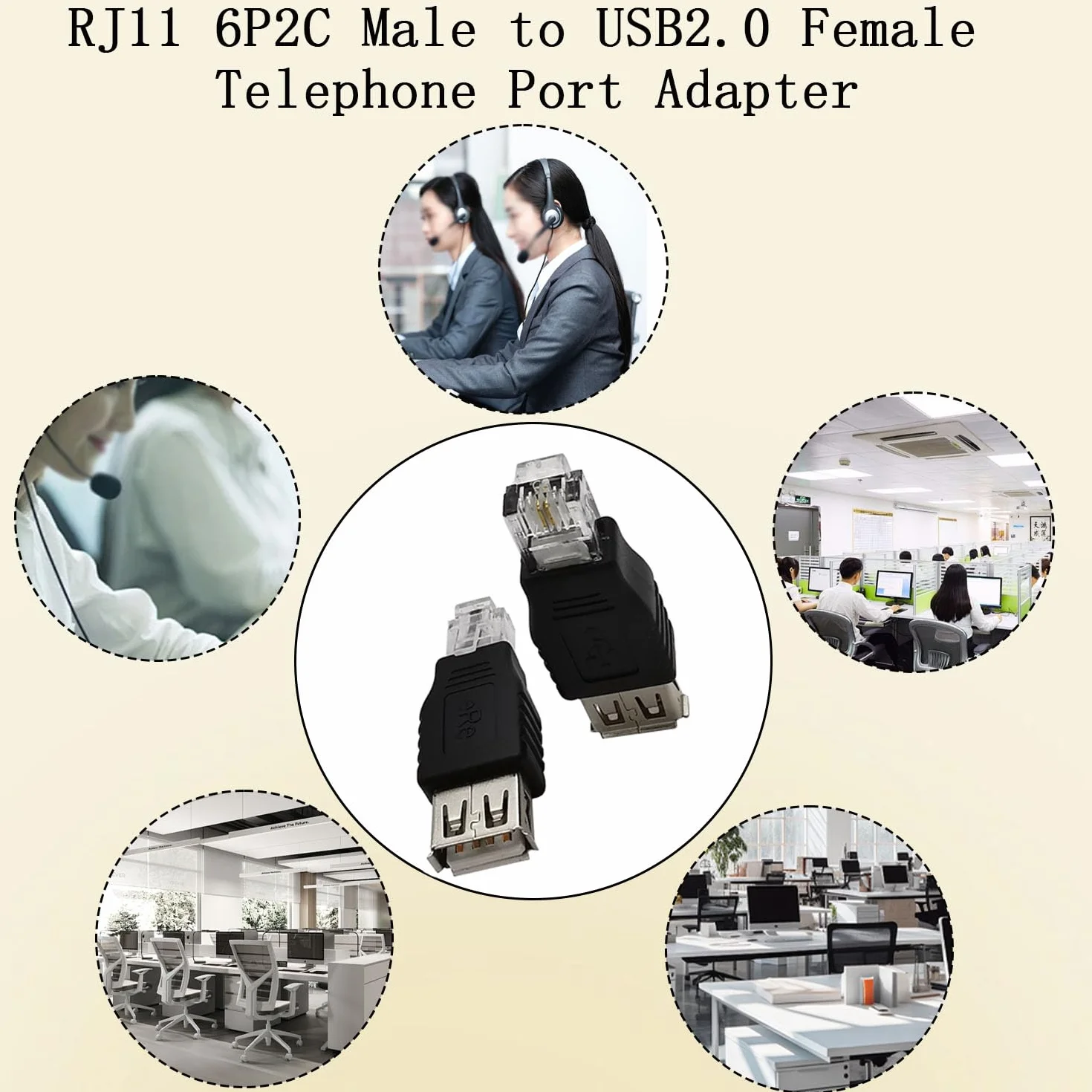 QIANRENON Wtyczka RJ11 do gniazda USB do telefonów złącze RJ11 6P2C wtyczka do gniazda USB A kabel telefoniczny adapter 2pin RJ11/USB do telefonu interfejs testowy, do telefonów faksowych, 2 szt