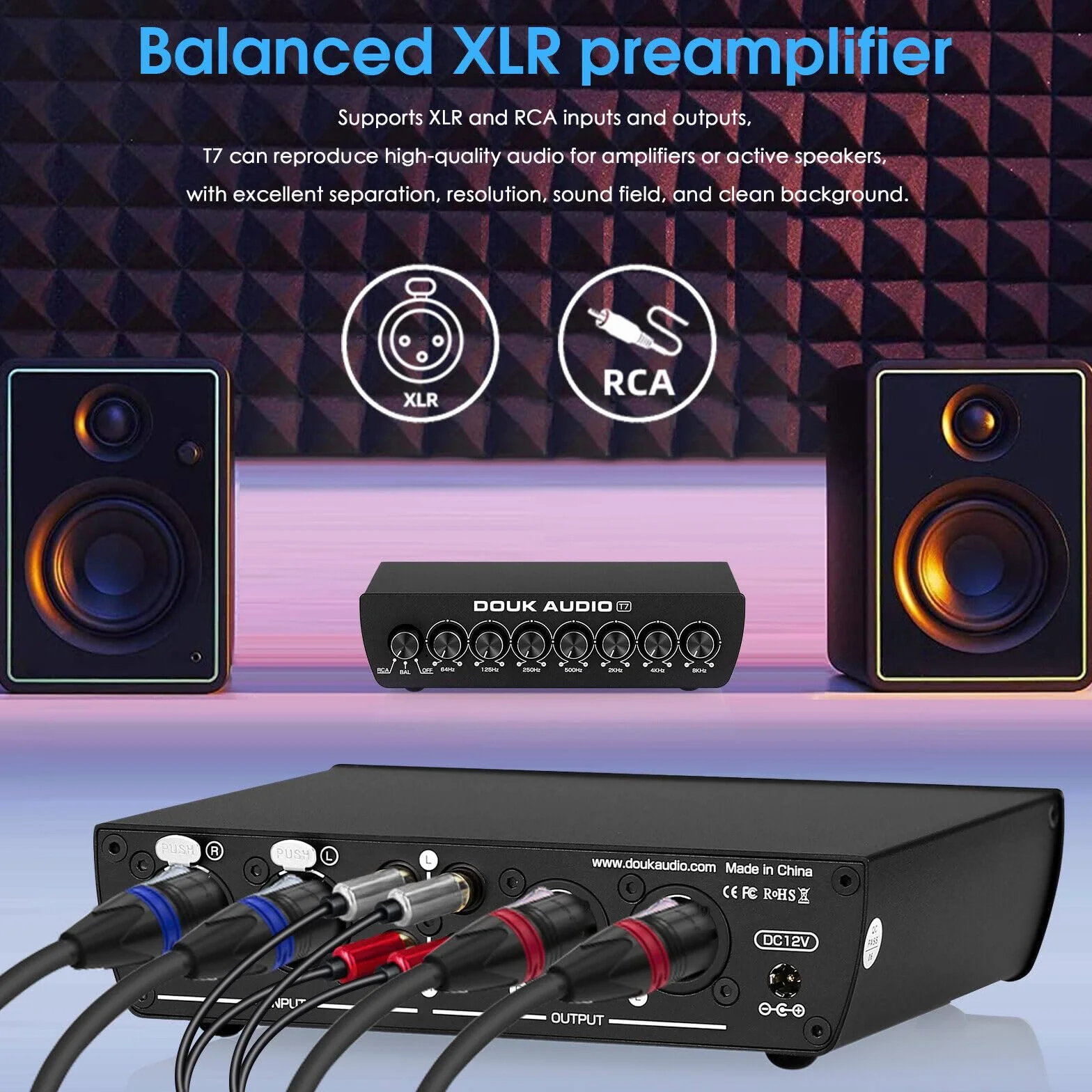 Douk Audio T7 7-pasmowy korektor, zrównoważony wzmacniacz XLR/RCA do wzmacniacza domowego