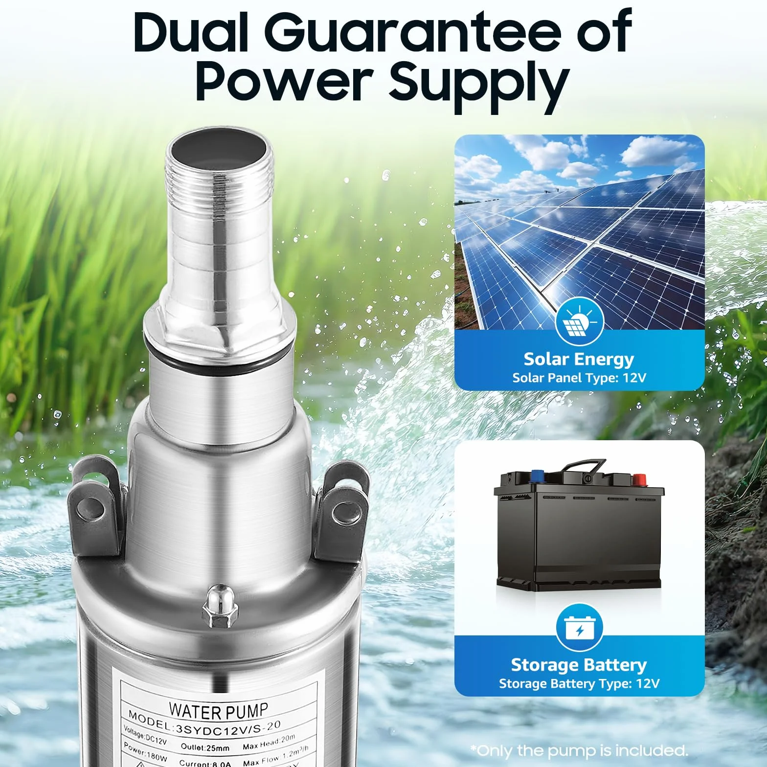 Pompa do studni głębinowych 180 W, 12 V, moc słoneczna, natężenie przepływu 1,2 m³/h, maksymalna głębokość 20 m z kablem 17 m, pompa głębinowa do źródeł i zastosowań rolniczych