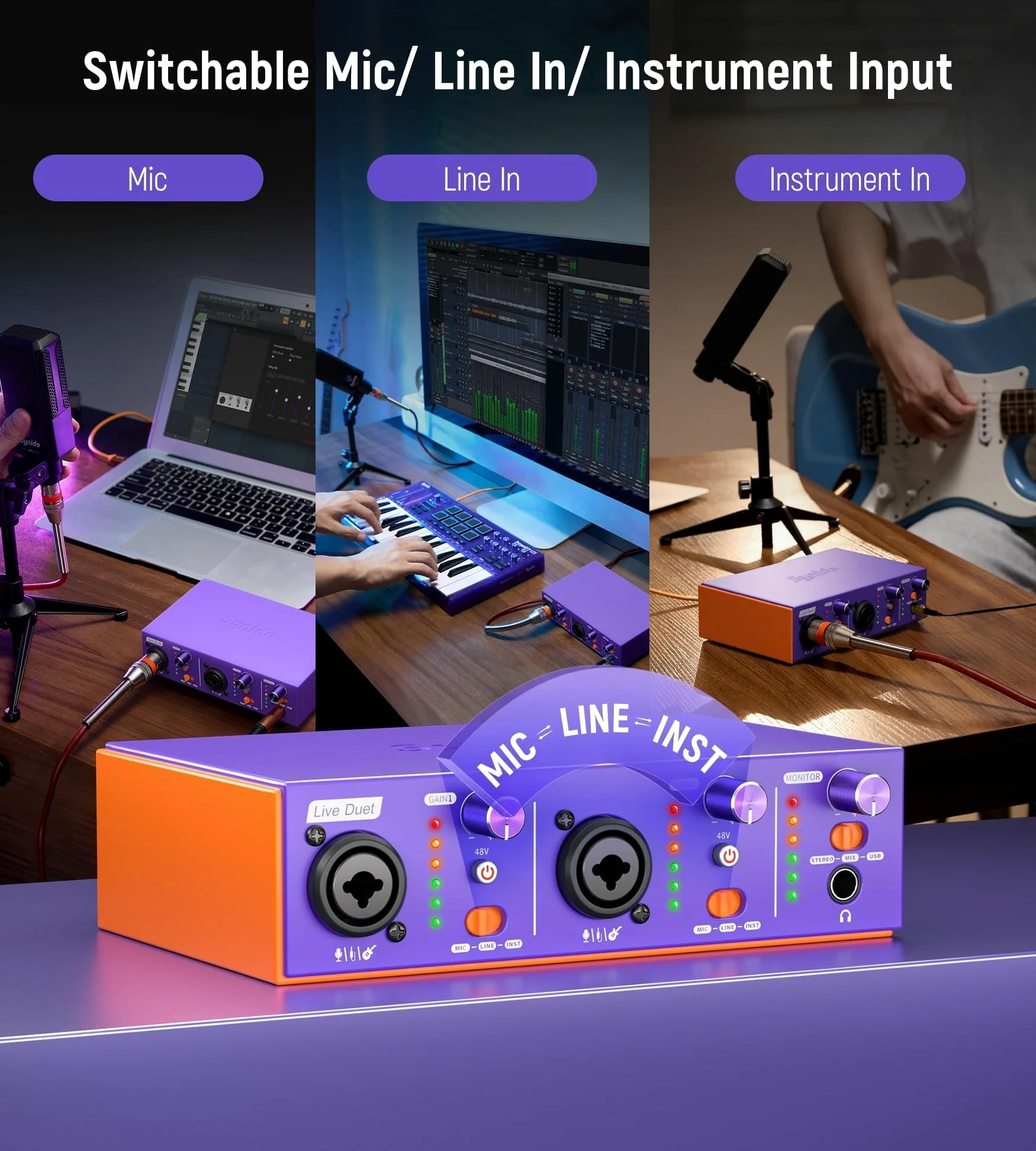 Synido Live Duet Interfejs audio USB C do nagrywania muzyki, przesyłania strumieniowego, podcastów z podwójnym XLR, wejście liniowe, 24 bit/48 kHz, zasilanie fantomowe 48 V, 2-kanałowy, fioletowy