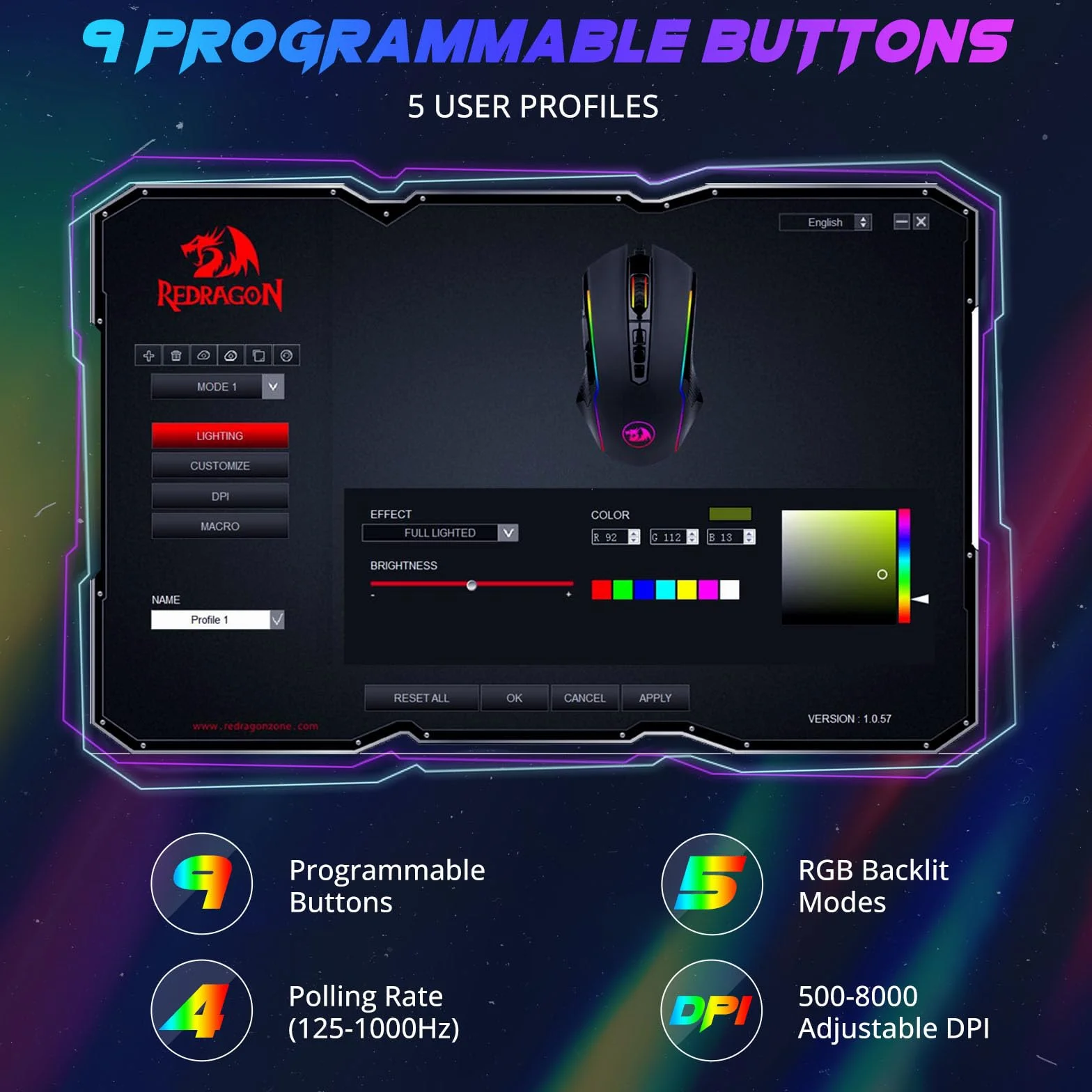 Redragon Mysz gamingowa RGB, przewodowa z 9 programowalnymi przyciskami makro, chromowane podświetlenie RGB, regulacja 8000 DPI, mysz do gier komputerowych z przyciskiem Fire do Windows/Mac, czarna,