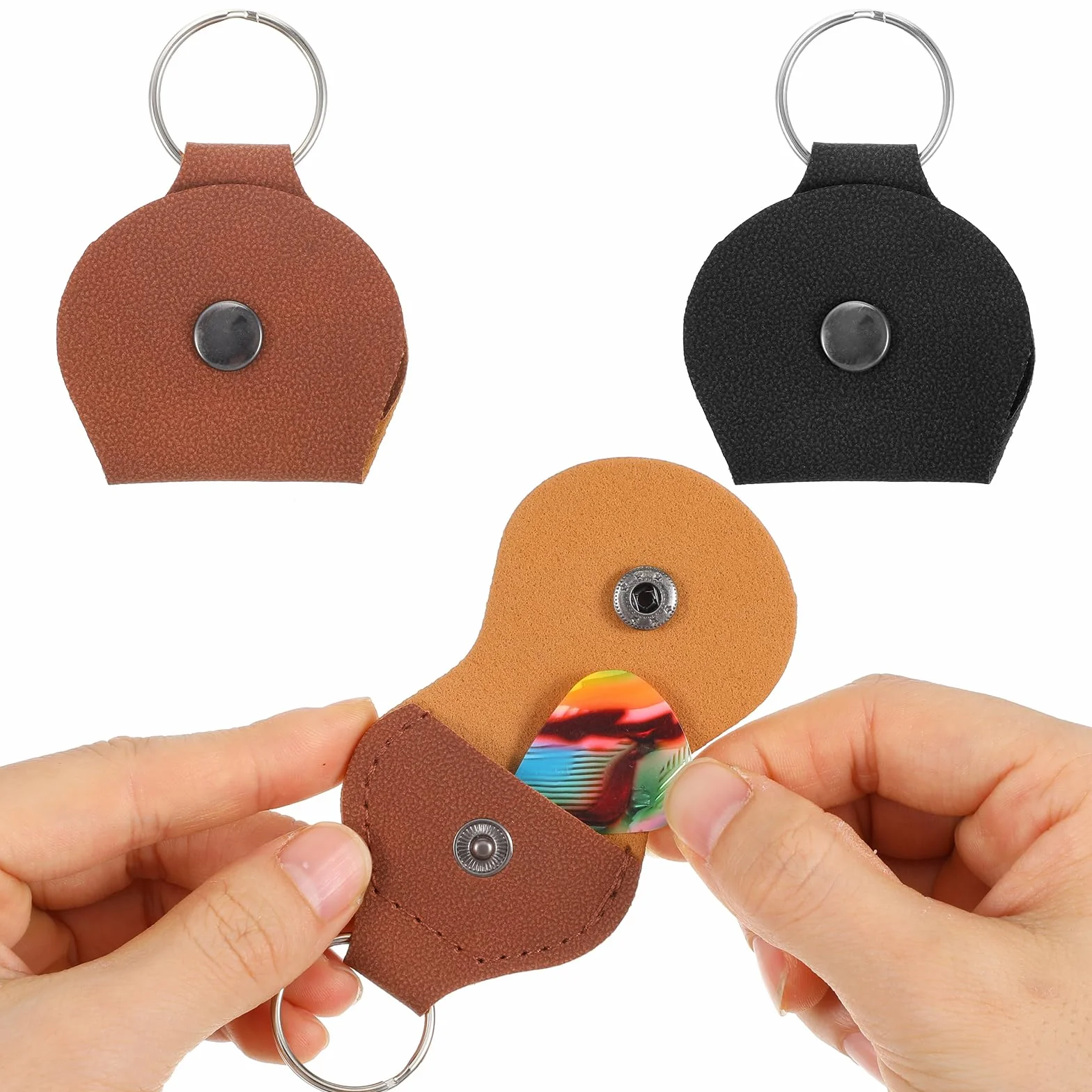 Xinjoduz 2 zestawy po 8 kostek do gitary akustycznej z 2 etui na kostki ze skóry PU, różne kolory, do elektrycznych gitar akustycznych, kostki basowe (3 x 2,6 cm, czarne + brązowe)