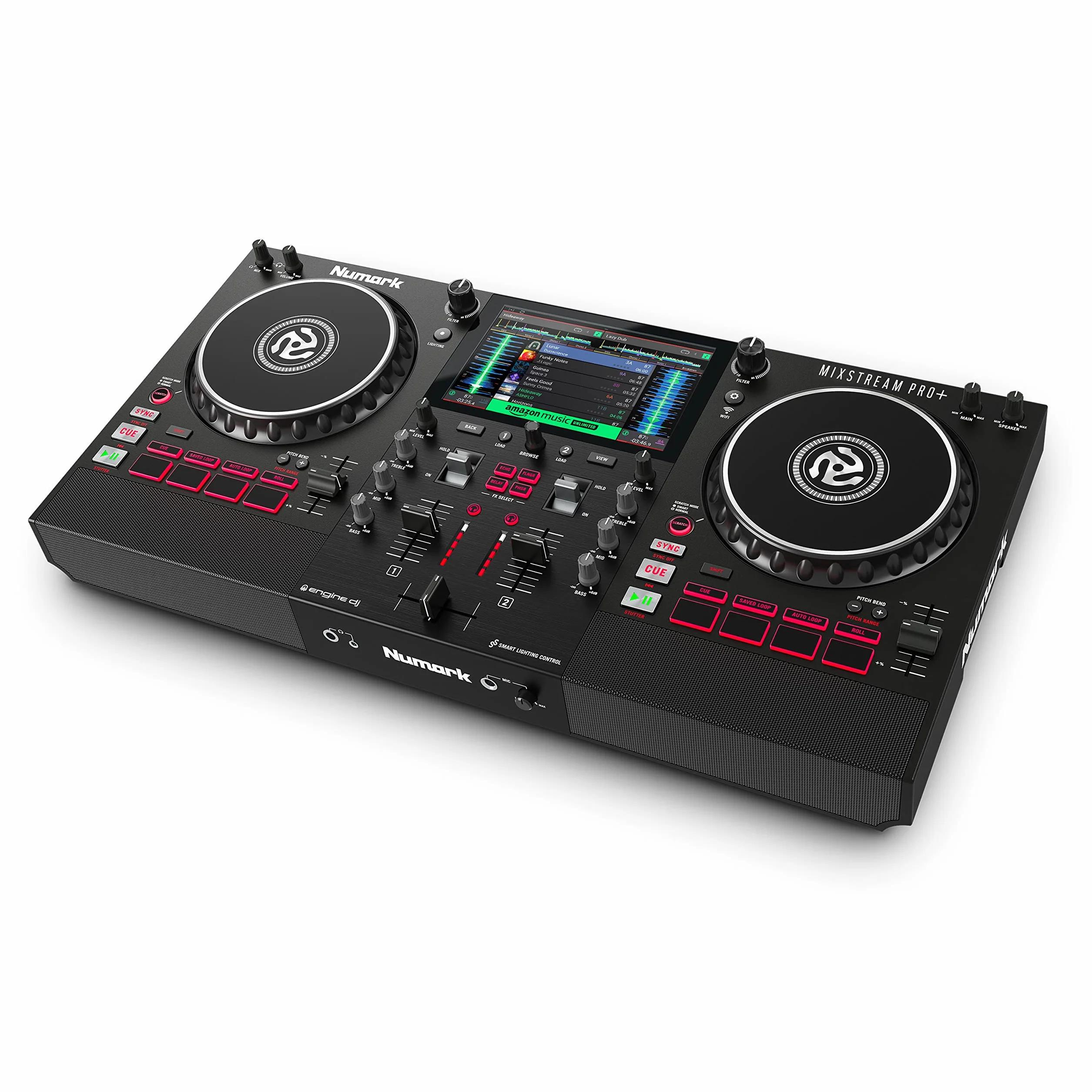 Numark Mixstream Pro+ Kontroler DJ z separacją stemów, 2 deckami, Wi-Fi, mikserem, ekranem 7″ i głośnikami, kompatybilny z Serato i Virtual DJ