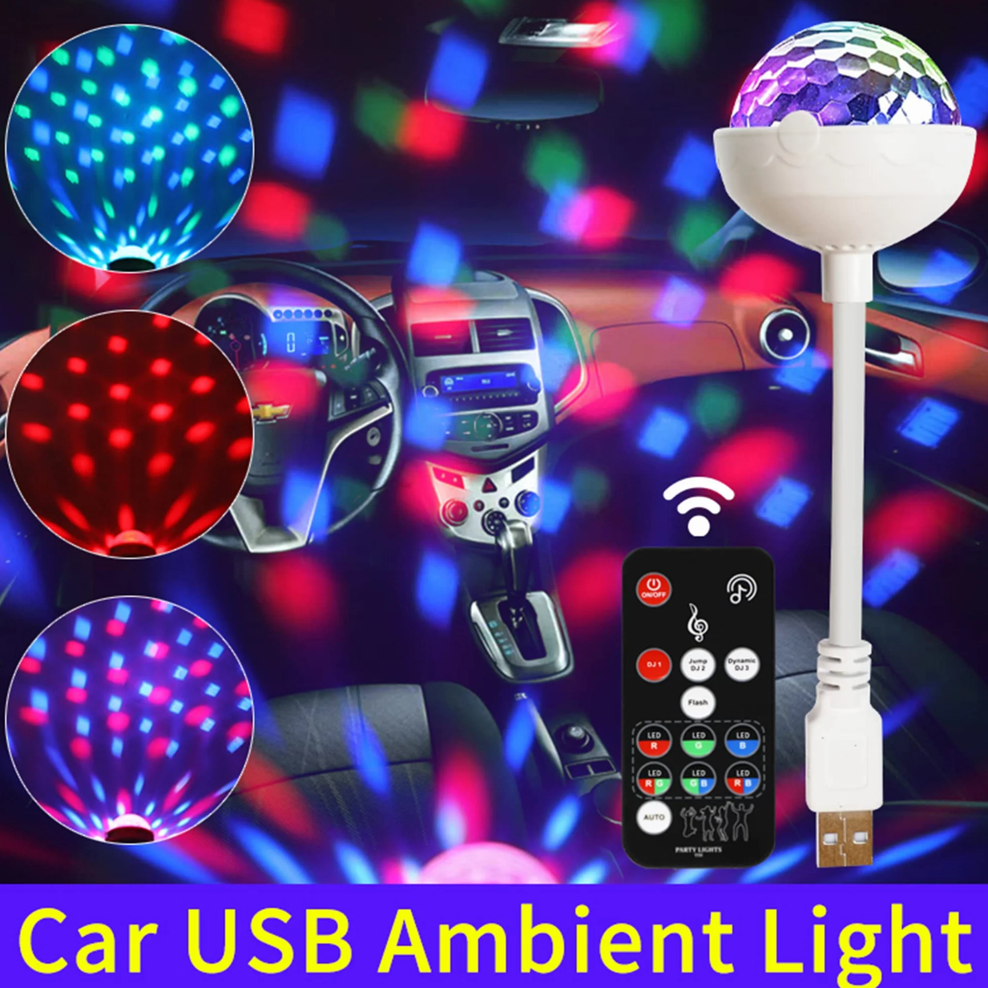 Mini Kula Dyskotekowa z lampką nocną, Światła atmosfery samochodu USB kontrolowana muzyka Strobe Magic Ball z pilotem do dekoracji imprezowej DJ klub scena urodziny