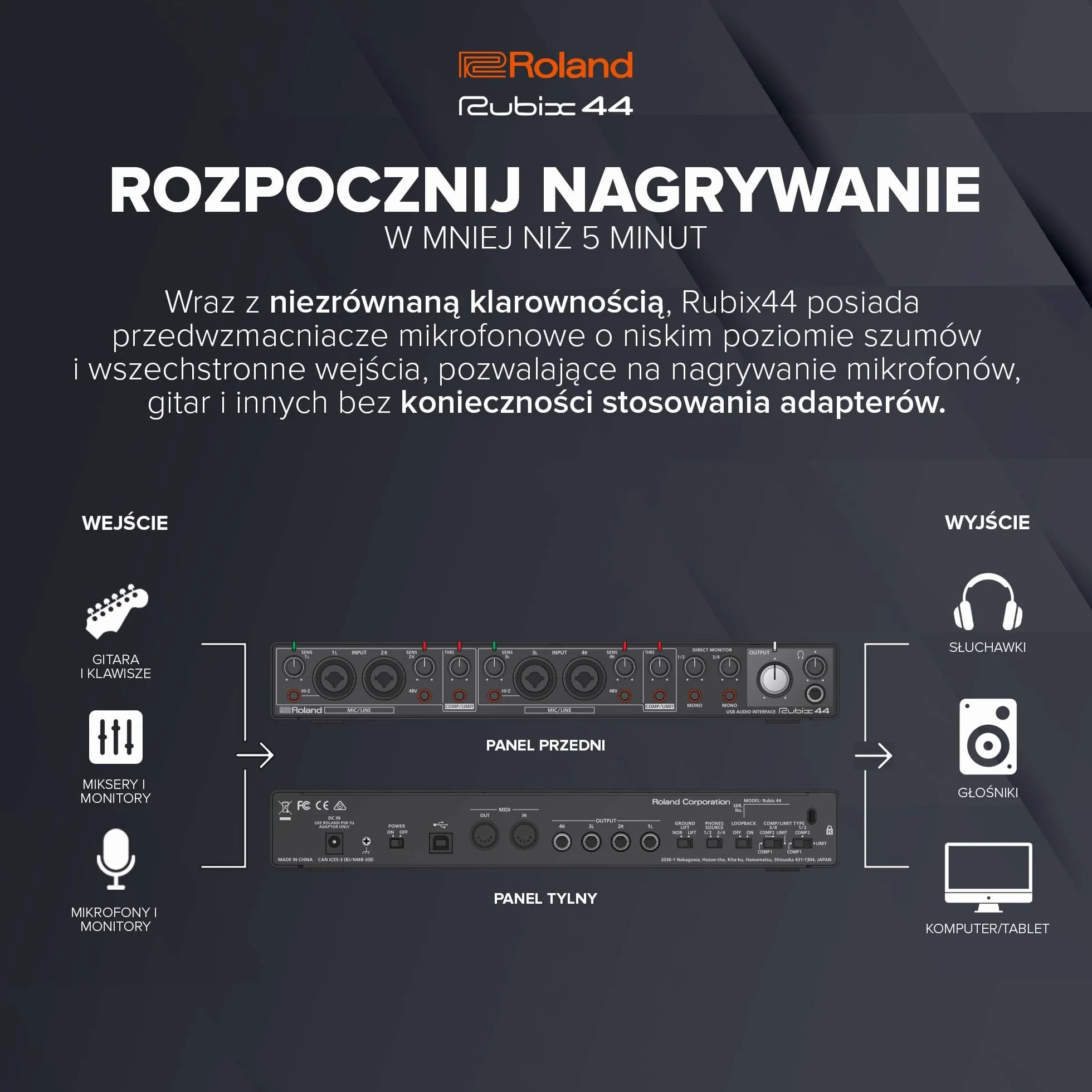 Roland Rubix44 Interfejs Audio USB 4 Wejścia 4 Wyjścia Dźwięk Wysokiej Rozdzielczości Kompaktowy
