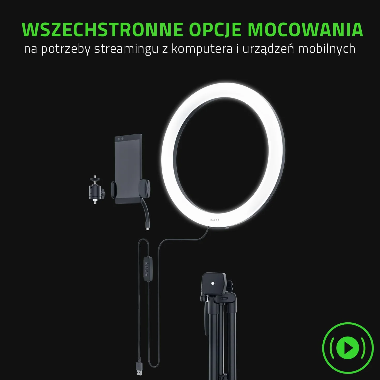 Razer Ring Light - 12-calowa lampa pierścieniowa LED USB + Statyw do streamingu z komputerów PC i urządzeń mobilnych (Regulowane spektrum światła, Wszechstronne opcje mocowania) Czarny