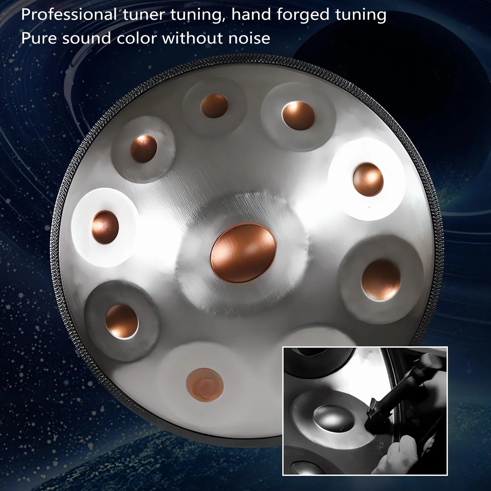 Instrument Handpan - 432Hz/440Hz 9/10/12 dźwięków - 55 cm stalowy bęben językowy - bębenek ręczny z podstawką do medytacji dźwiękiem (Rozmiar: 432Hz, Kolor: ZLOTO_12 DŹWIĘKÓW)