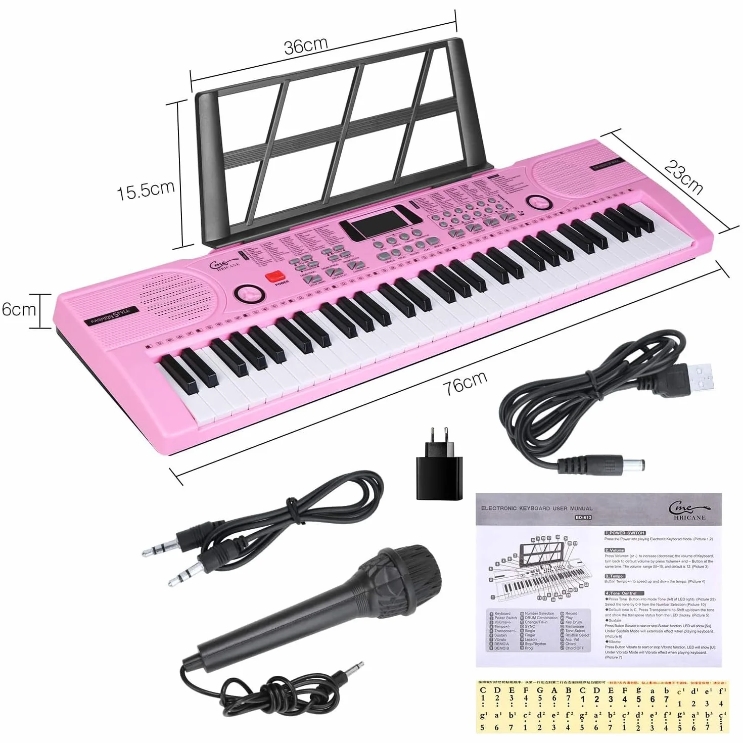 Keyboard dla dzieci z 61 przyciskami, dla początkujących, elektroniczna klawiatura, przenośna, cyfrowa klawiatura muzyczna, instrument muzyczny do wczesnej edukacji z mikrofonem i stojakiem na karteczki na nuty, prezent dla chłopców i dziewczynek