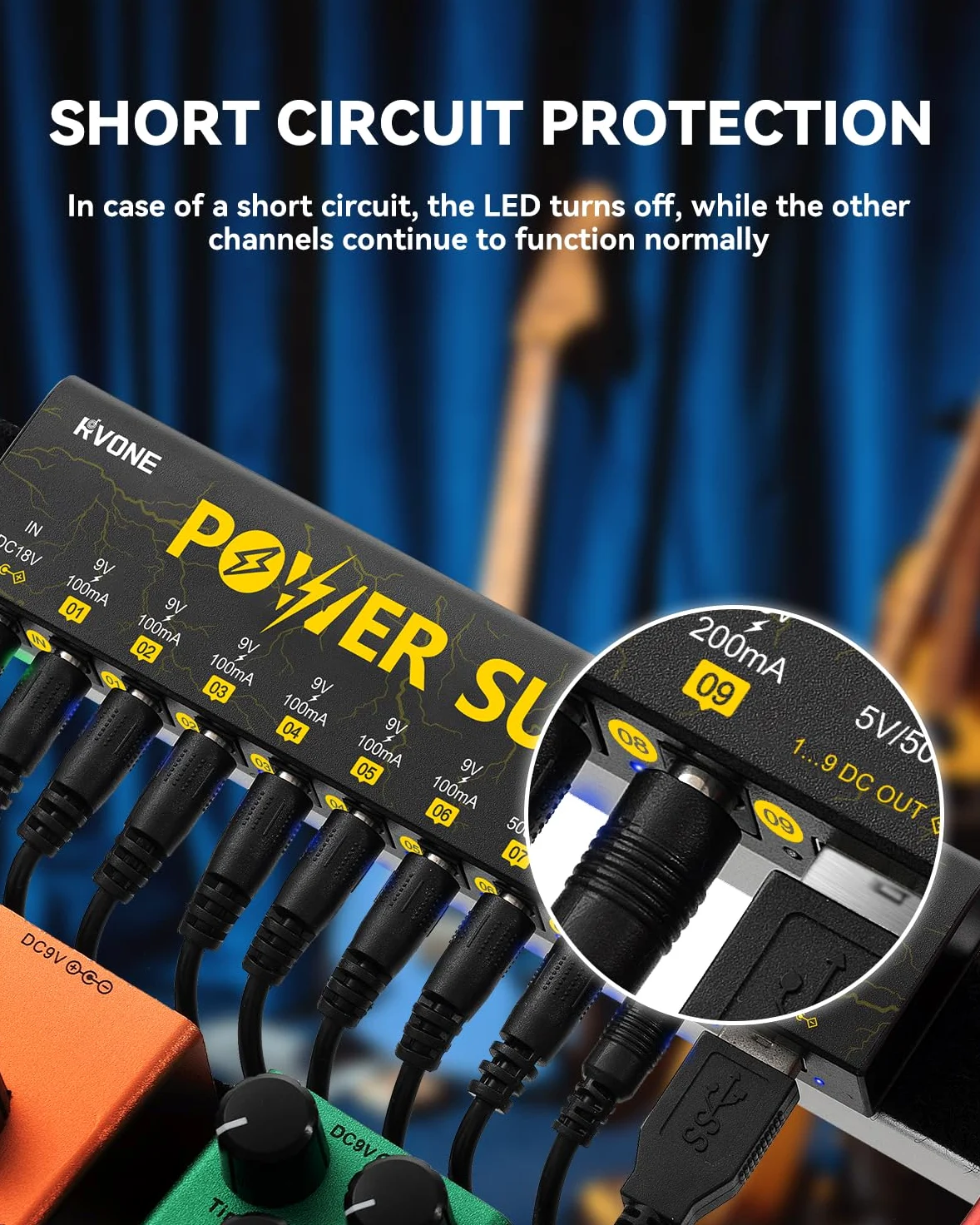 RVONE Zasilacz do pedałów gitarowych z 10 izolowanymi wyjściami DC i USB, ochroną przed zwarciem, redukcja szumów, stabilne zasilanie 9 V/12 V/18 V do pedałów efektów (Lightning Yellow)