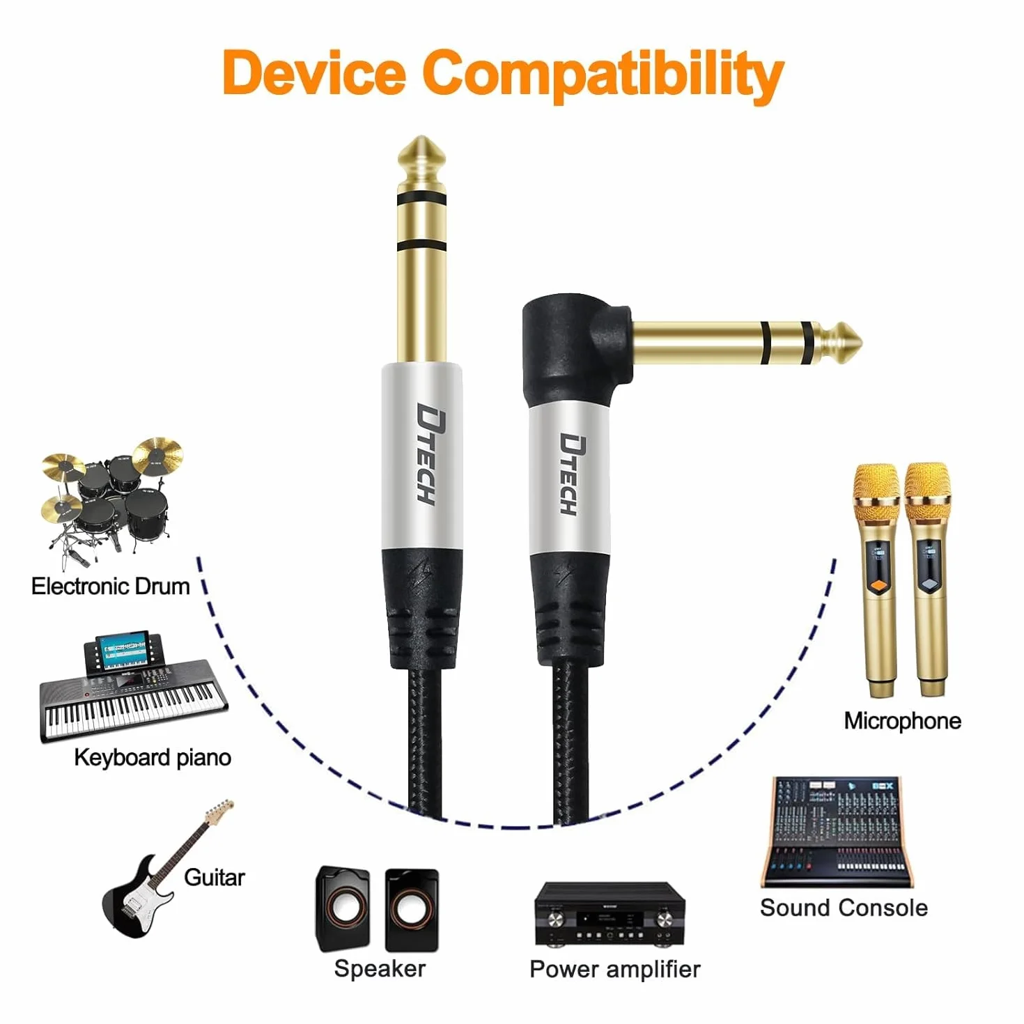 DTECH Kabel do gitary elektrycznej TRS 1/4 kabel instrumentalny Aux prostokątny symetryczna wtyczka jack stereo ćwierć cala 6,35 mm (1M prawy kąt)