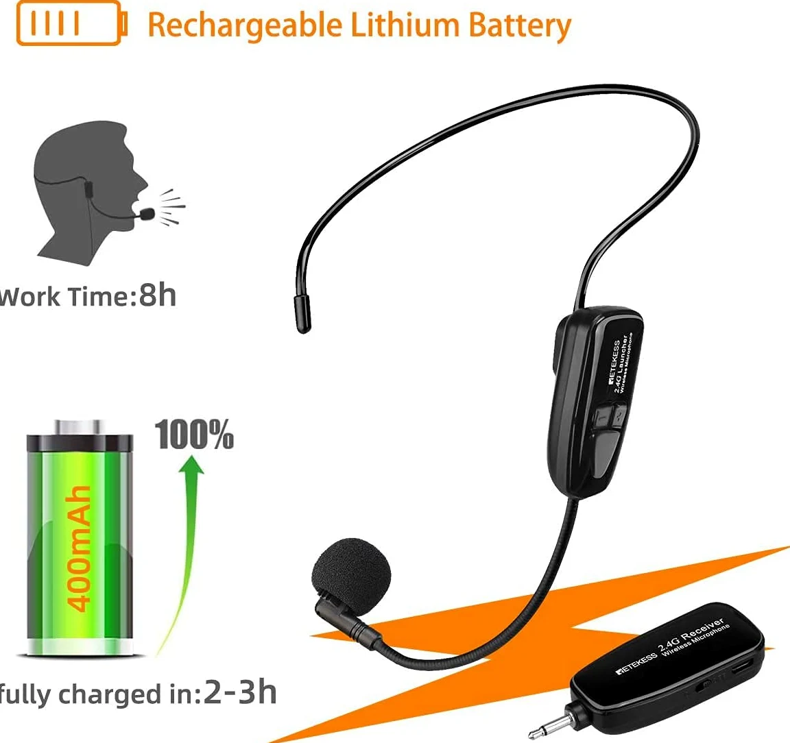 Retekess TT123 System Mikrofonu Bezprzewodowego,Mikrofon i Zestaw Słuchawkowy ze Wzmacniaczem, 2 w 1, Akumulator, 2,4G, Bezprzewodowy Zestaw Słuchawkowy z Mikrofonem, do Wzmacniacza głosu, Nauczanie