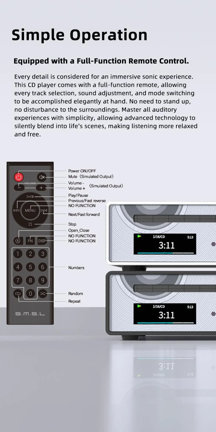 SMSL PL100 PRO wielofunkcyjny odtwarzacz CD, 2 x wysokiej klasy chipy DAC CS43131, obsługuje bezstratne odtwarzanie MQA z pilotem zdalnego sterowania (czarny)