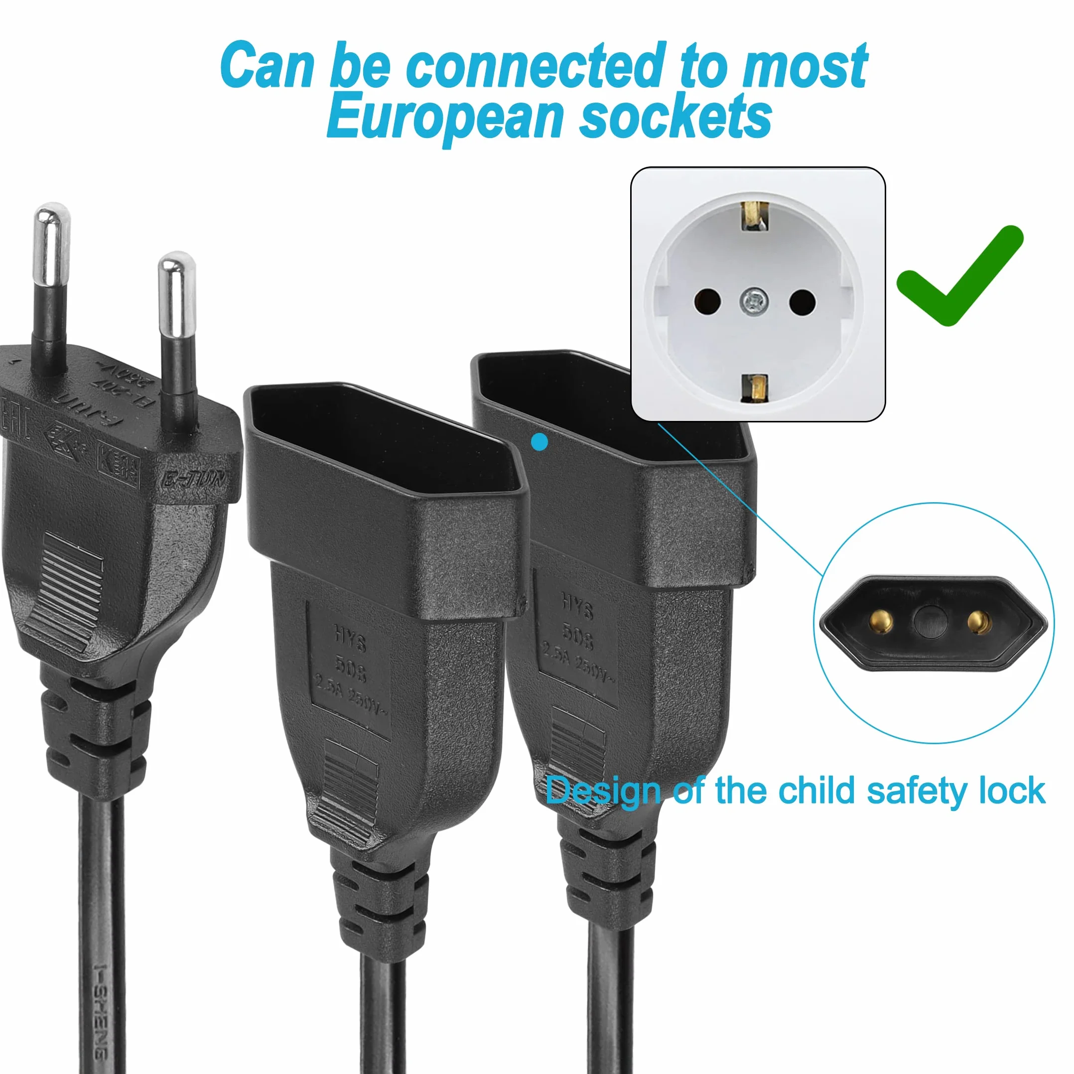 YACSEJAO Kabel zasilający przedłużacz kabel zasilający przedłużacz typu C wtyczka euro na gniazdo euro TV PC monitor projektor lampa urządzenia gospodarstwa domowego, 40 cm