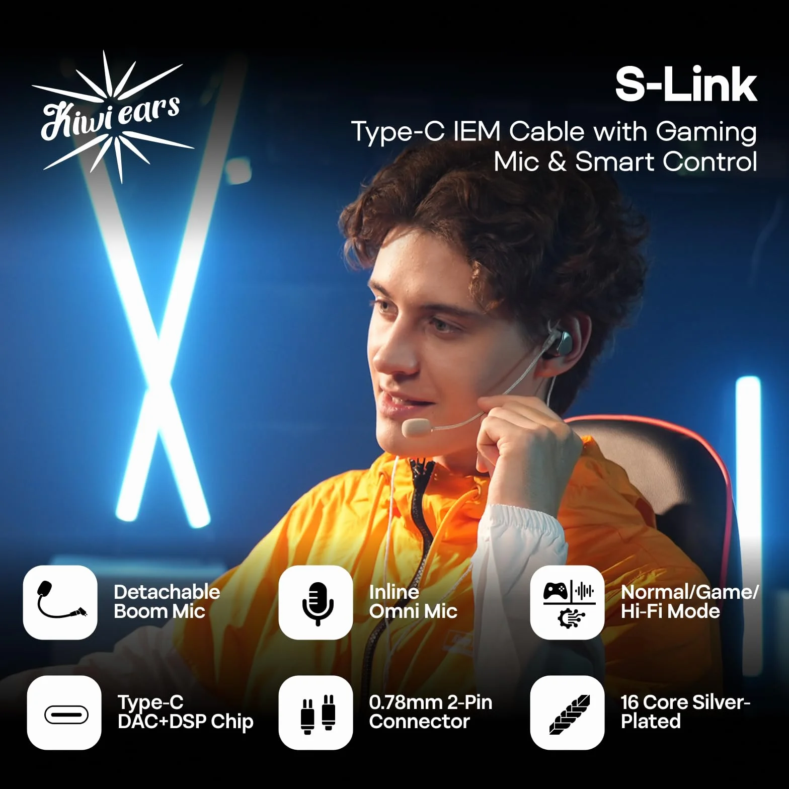 Linsoul Kiwi Ears S-Link Type-C kabel do słuchawek dousznych, kabel do słuchawek gamingowych z DAC+DSP, podwójnym mikrofonem, 3 trybami inteligentnego sterowania (Srebro, 2-pinowy)
