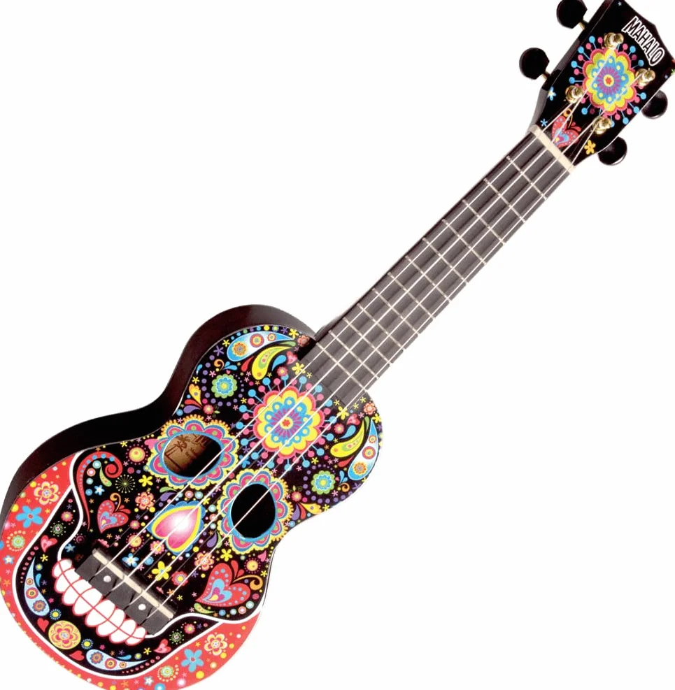 Mahalo Artystyczne ukulele sopranowe dla dzieci i początkujących, muzyczne instrumenty strunowe z głowicą i futerałem z przekładnią, mini gitary Uke dla dzieci i dorosłych, prezenty muzyczne, czaszka