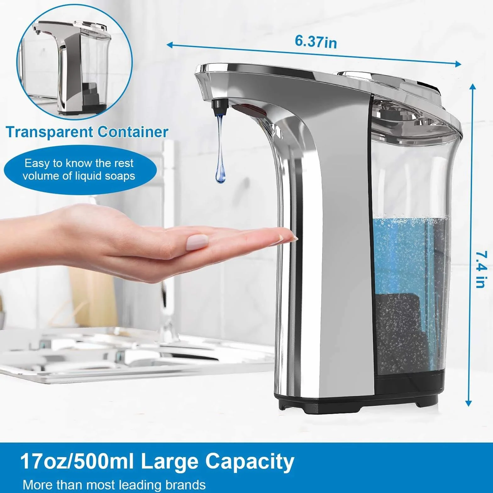 Automatyczny dozownik mydła – bezdotykowy dozownik mydła i balsamu do naczyń, pojemność 500 ml, 5 regulowanych objętości dozowania, przezroczysta konstrukcja okna, idealny do kuchni i łazienki