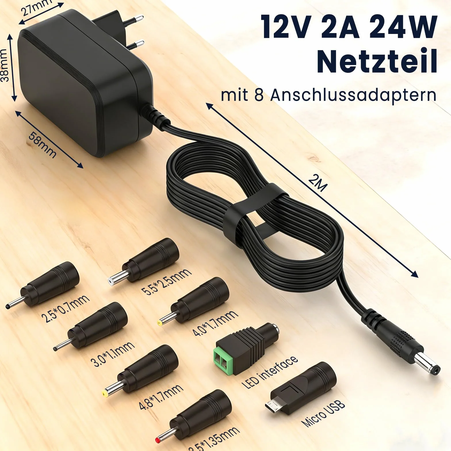 12 V zasilacz sieciowy 2 A AC adapter 200-240 V do DC 12 V 500 mA 1000 mA 1500 mA 2000 mA wtyczka 5,5 x 2,1 mm z 8 wtyczkami DC transformator uniwersalny do oświetlenia LED, zewnętrznego dysku
