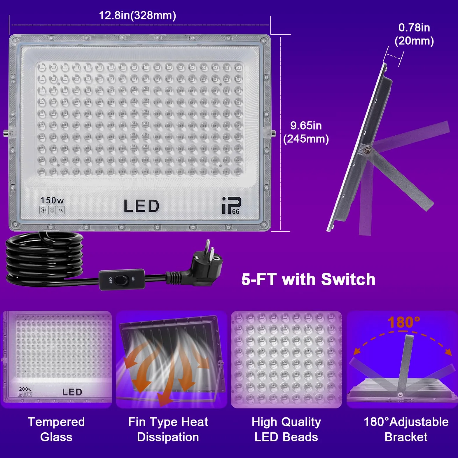 Czarny reflektor świetlny 150 W, czarne światło LED, wodoodporny, IP65, światło UV, 395-405 nm, reflektor UV do malowania rogów, farba do ciała, Halloween, fluorescencyjne, Boże Narodzenie
