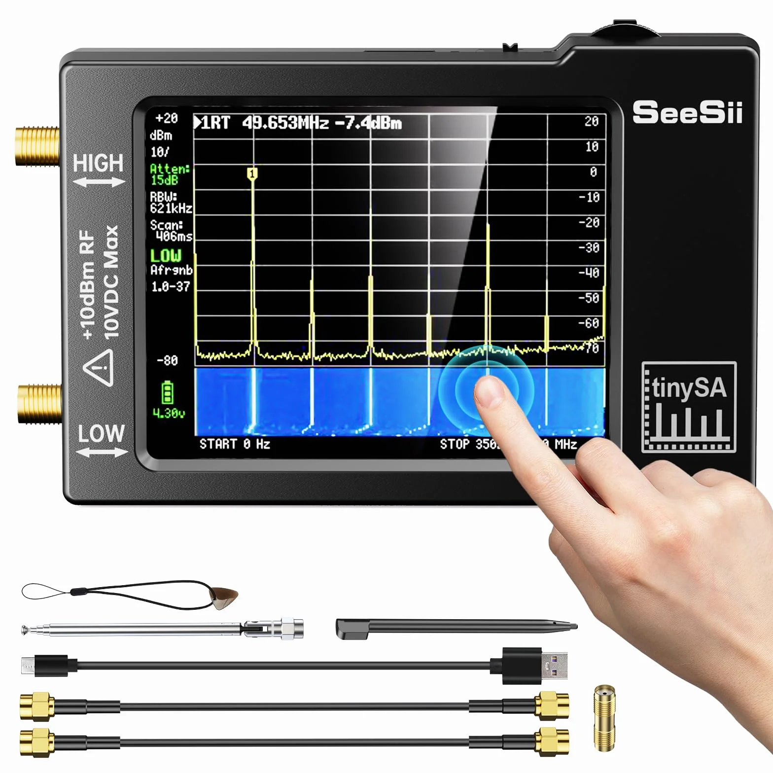 Seesii Analizator widma TinySA, zaktualizowany przenośny analizator małej częstotliwości 100 kHz-960 MHz Wejście MF/HF/VHF/UHF, Generator sygnału z ekranem dotykowym 2.8'' z ochroną ESD