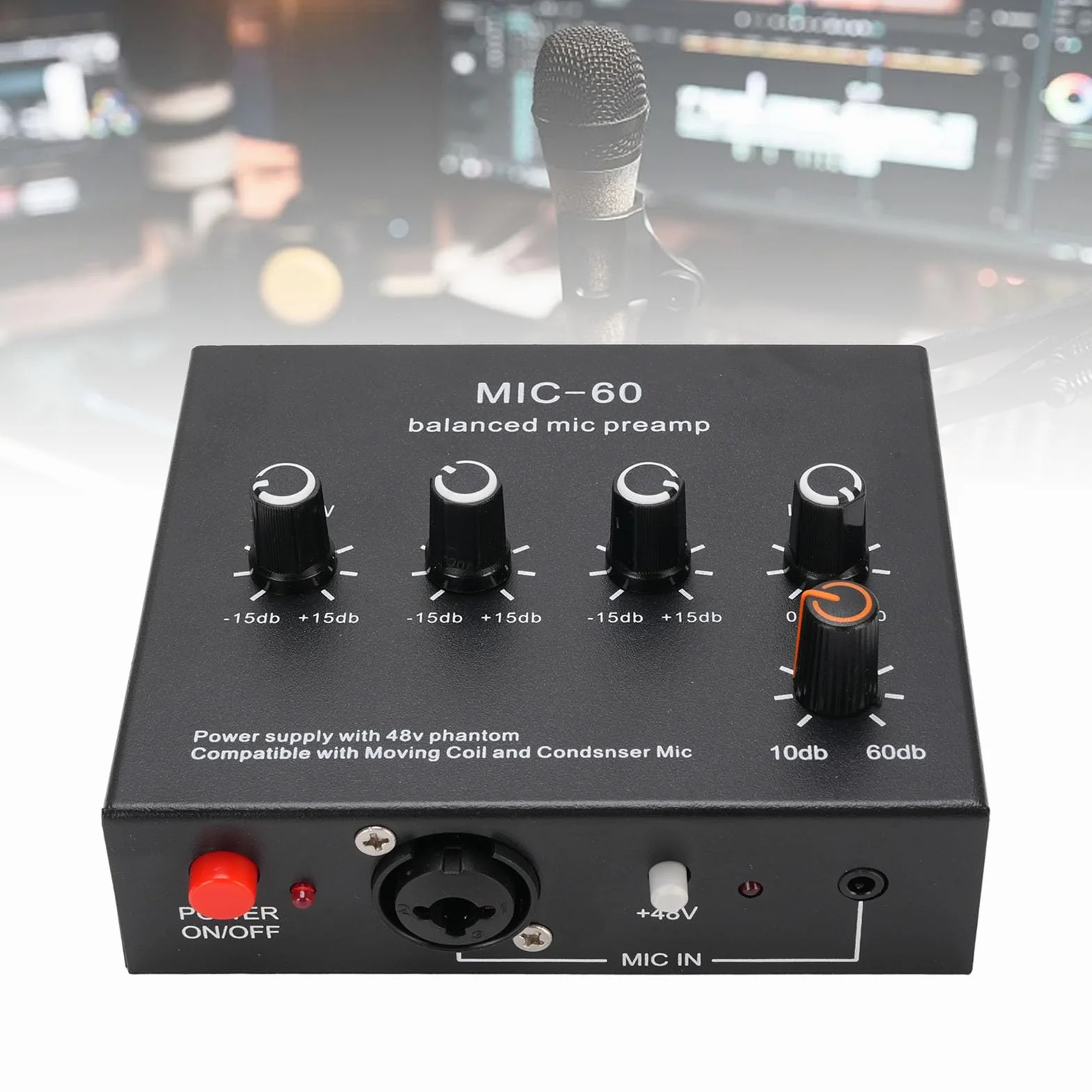 Przedwzmacniacz mikrofonowy 48 V XLR 3,5 mm 6,35 mm do mikrofonów dynamicznych i kondensatorowych z kablem XLR