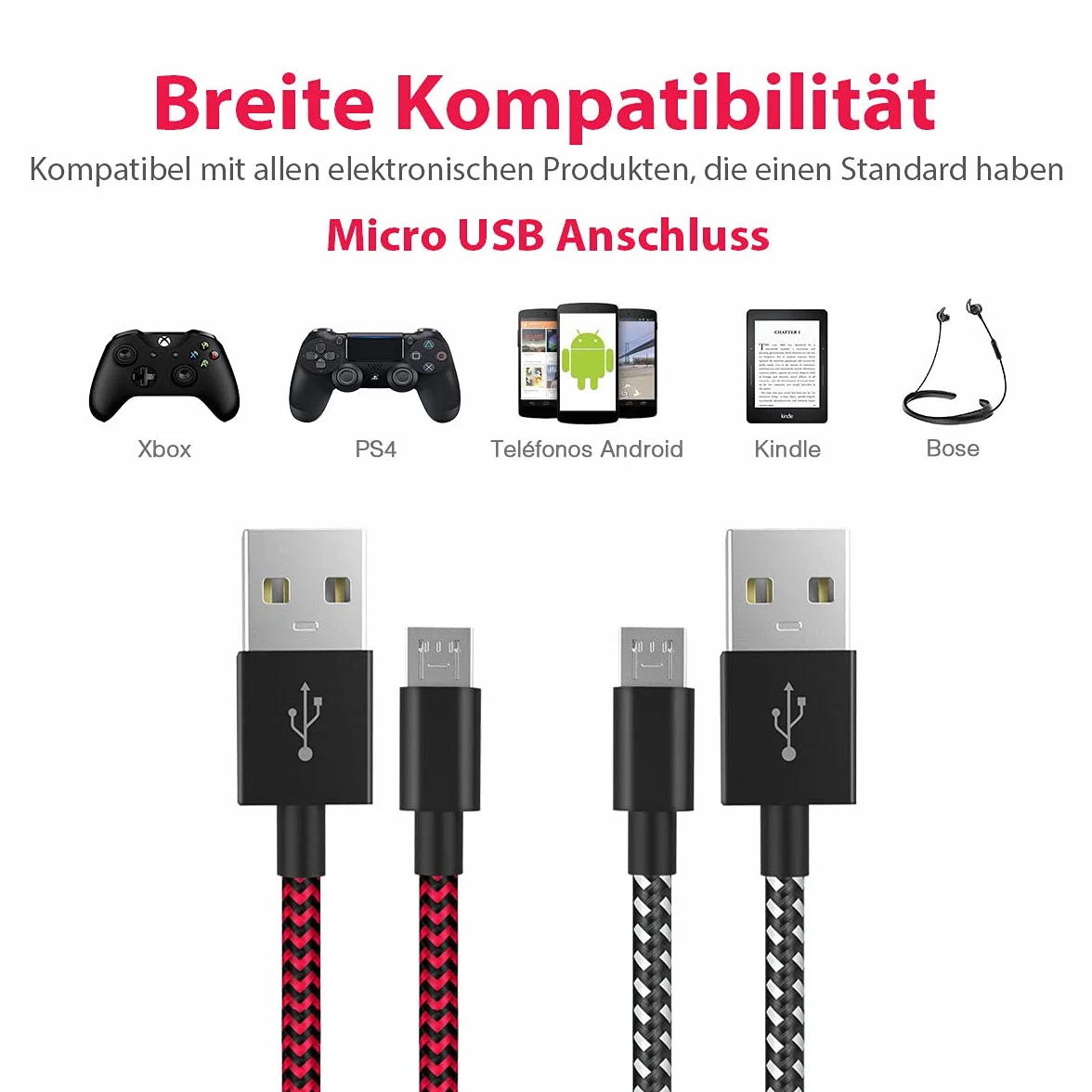 amLifestyle zestaw 2 nylonowych kabli do ładowania PS4, kabel micro USB, kabel do ładowania micro USB, kabel kontrolera, kabel USB do Microsoft Xbox One/One S, kontroler PS4