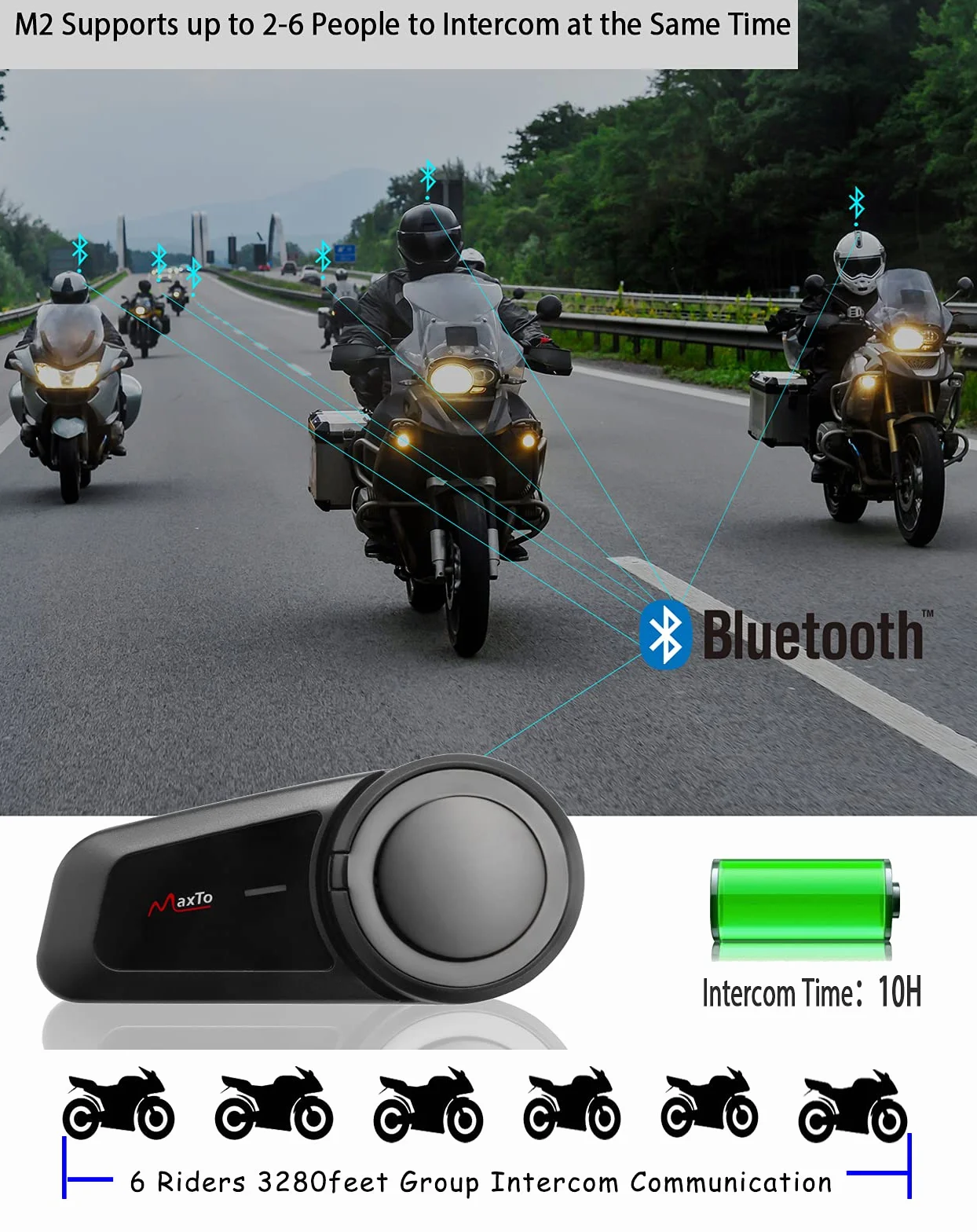 Maxto Motocyklowy zestaw słuchawkowy Bluetooth, M2 Systemy komunikacji z kaskiem motocyklowym, 6-kierunkowy BT5.0 Wodoodporny interkom, zasięg 1000 m, z radiem FM, Siri, wybieranie głosowe do jazdy na