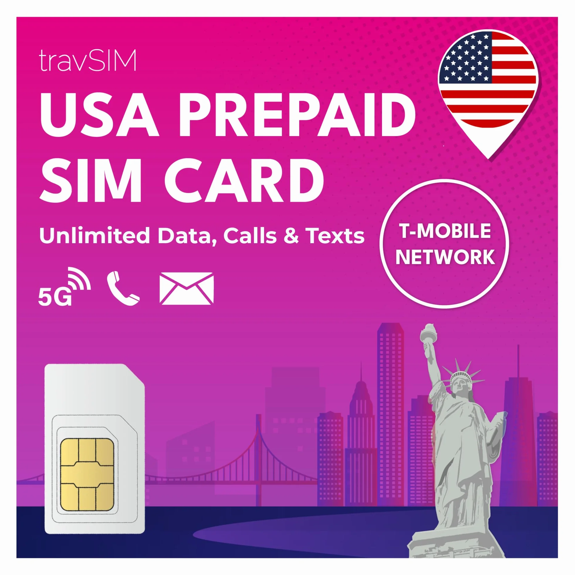 Karta SIM travSIM USA | Sieć T-Mobile | Nielimitowane dane, połączenia i SMS-y w USA | Karta SIM dla USA działa na urządzeniach z systemem iOS i Android | Karta SIM USA 60 dni