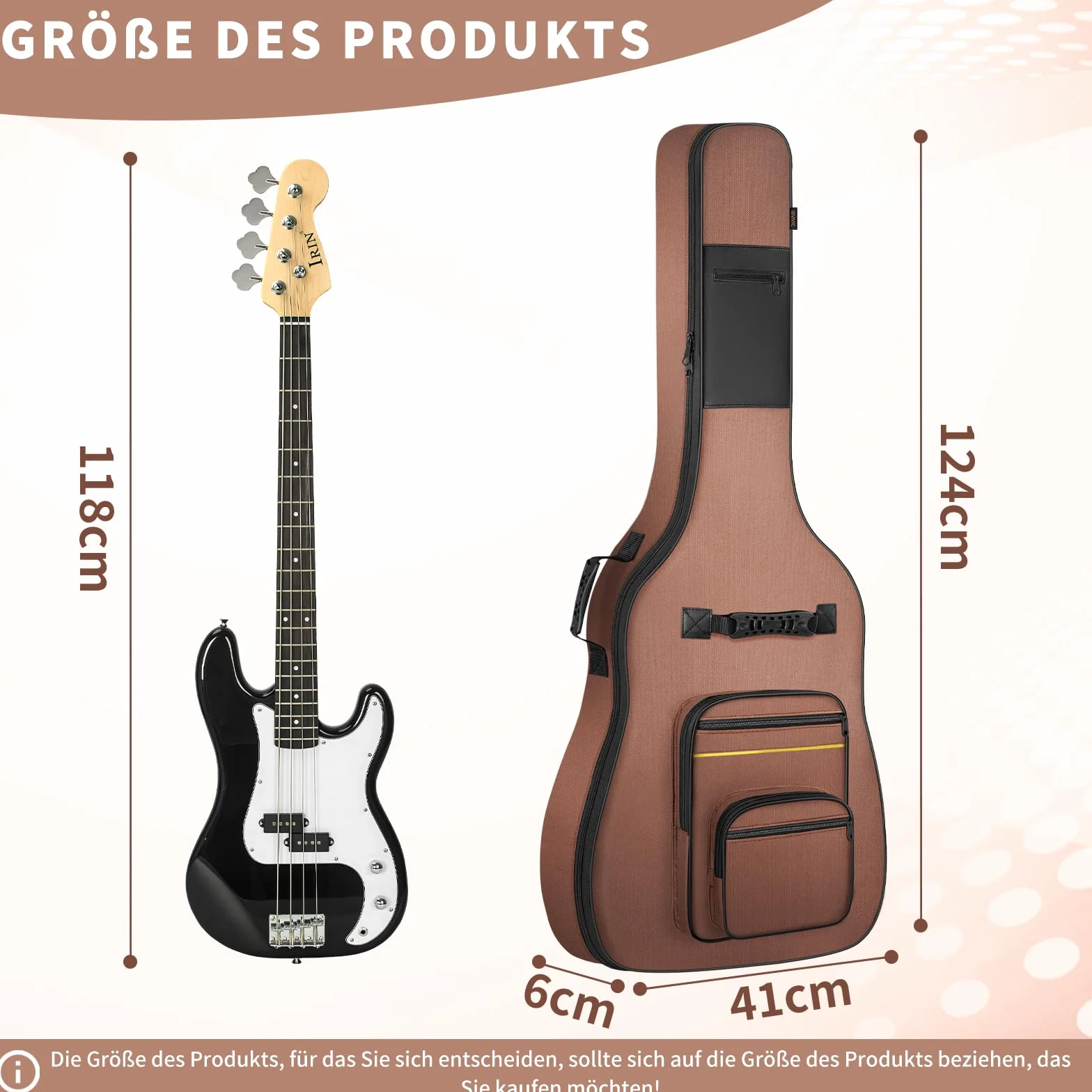 OUUTMEE Torba na gitarę akustyczną, E-bas brązowy, 124 x 41 x 6 cm, torba na bas elektryczny