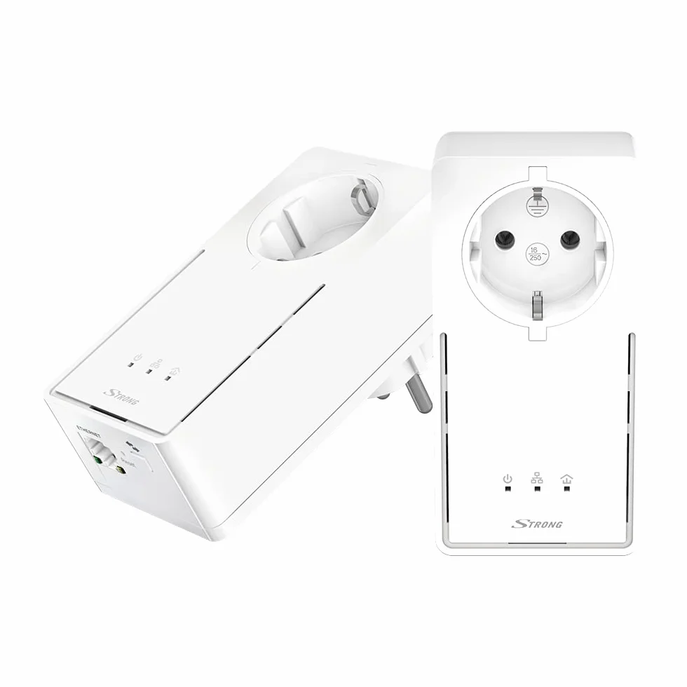 Strong - Powerline 2000 Duo EU Set - 2 adaptery Powerline - 2000 Mbps, szybki dostęp do Internetu - zintegrowane gniazdko - zasięg 300 m - do IPTV, streamingu HD, grania - złącze LAN - biały