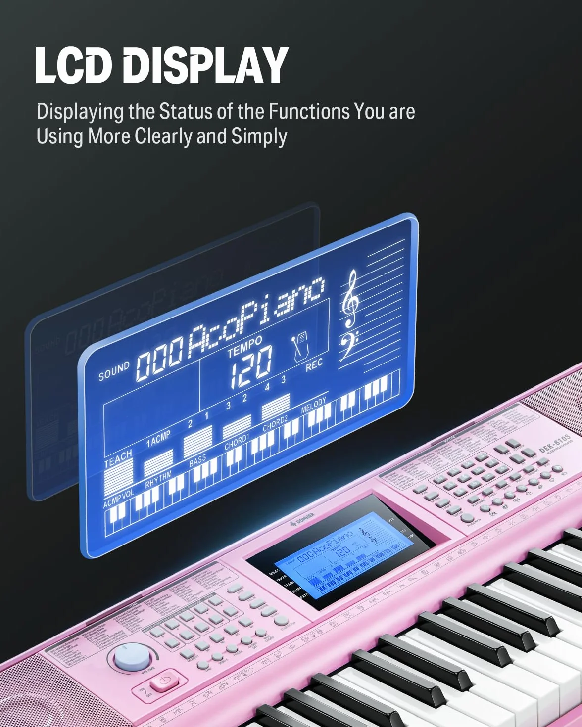 Donner Keyboard Piano 61 klawiszy, elektryczny zestaw keyboard z 249 głosami, 249 rytmami – w zestawie stojak na fortepian, taboret, mikrofon, prezent dla początkujących, różowy (DEK-610S)