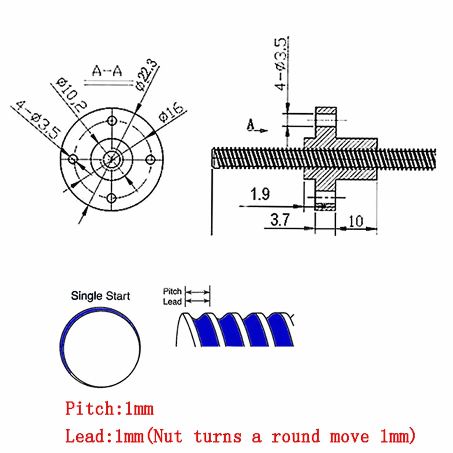 Skok śruby trapezowej 8 mm Skok 1 mm 2 mm Śruba sterująca 1 mm 2 mm 4 mm 8 mm 12 mm z mosiężną nakrętką w pełni gwintowana śruba sterująca T8 nakrętka wału (kolor: 1 mm Pitch