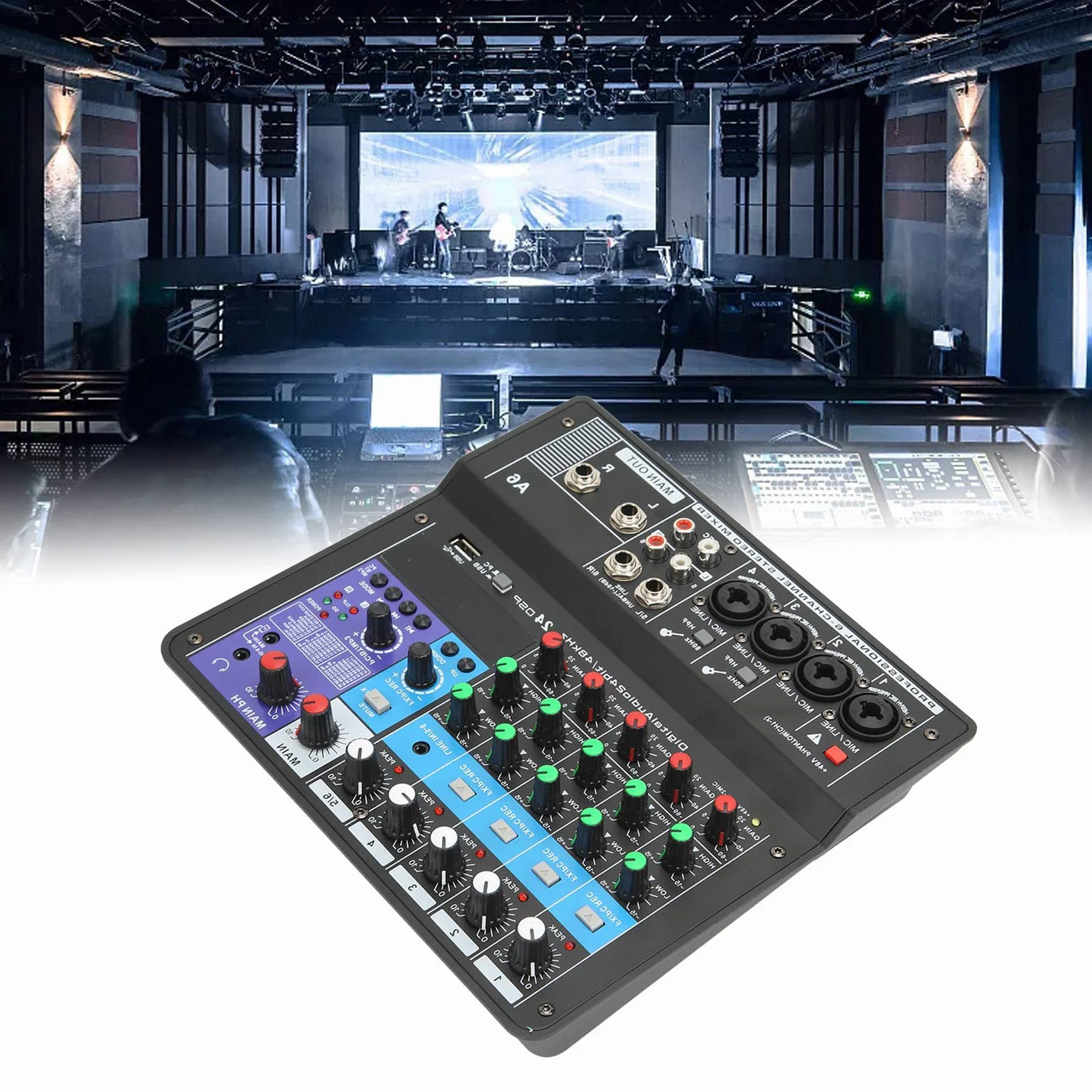Mikser Audio 6-kanałowy, Mikser Audio Karta Dźwiękowa Konsola, Interfejs Audio USB Mikser Karta Dźwiękowa BT Biurko Nagrywanie Głosu Mini Mikser do Domowej Produkcji Muzyki na żywo