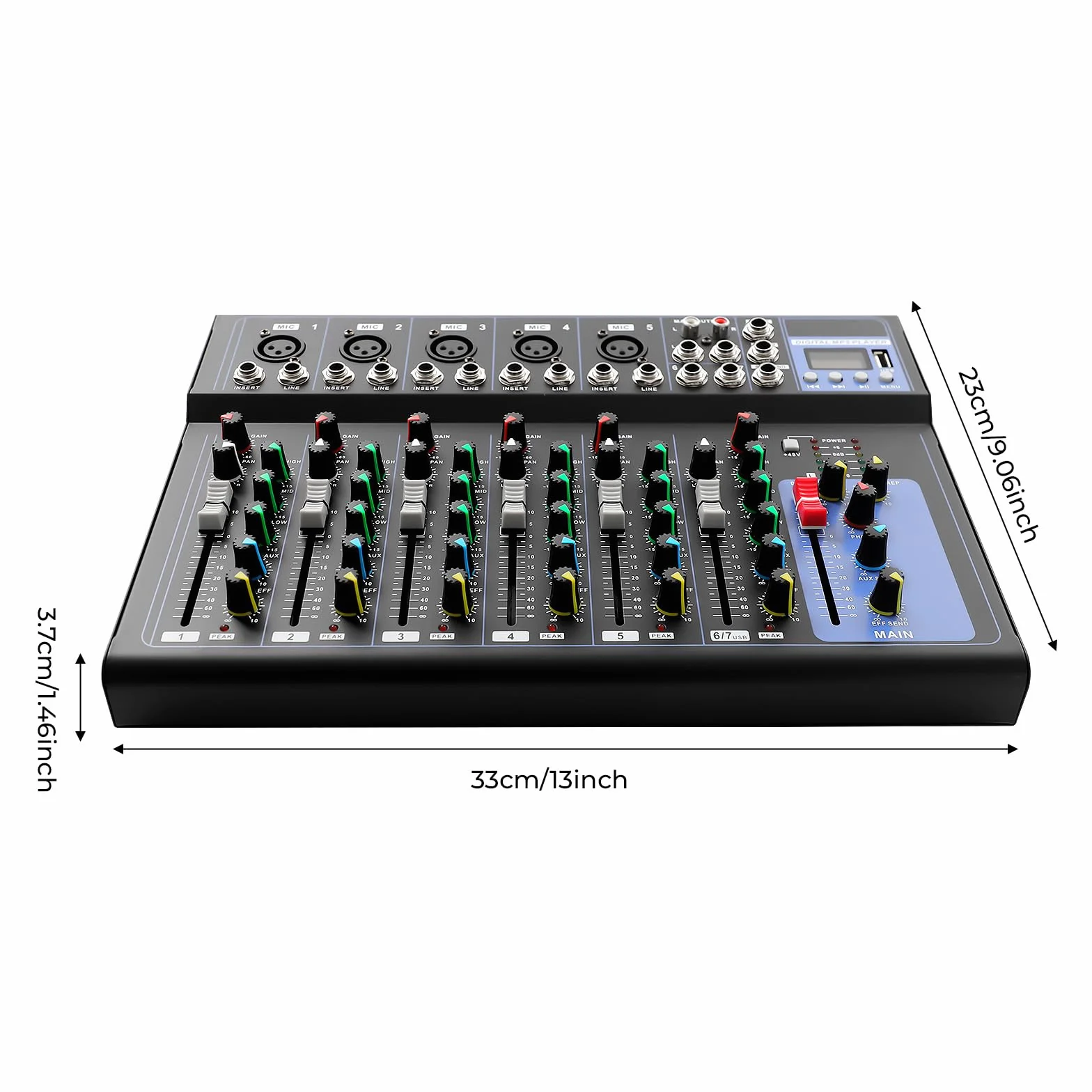 MINRS Mikser audio Bluetooth, 7-kanałowy, mikser DJ Live Studio z konsolą USB, 6 trybów muzyki, do studia produkcji muzyki, barów i scen, dla początkujących i profesjonalistów