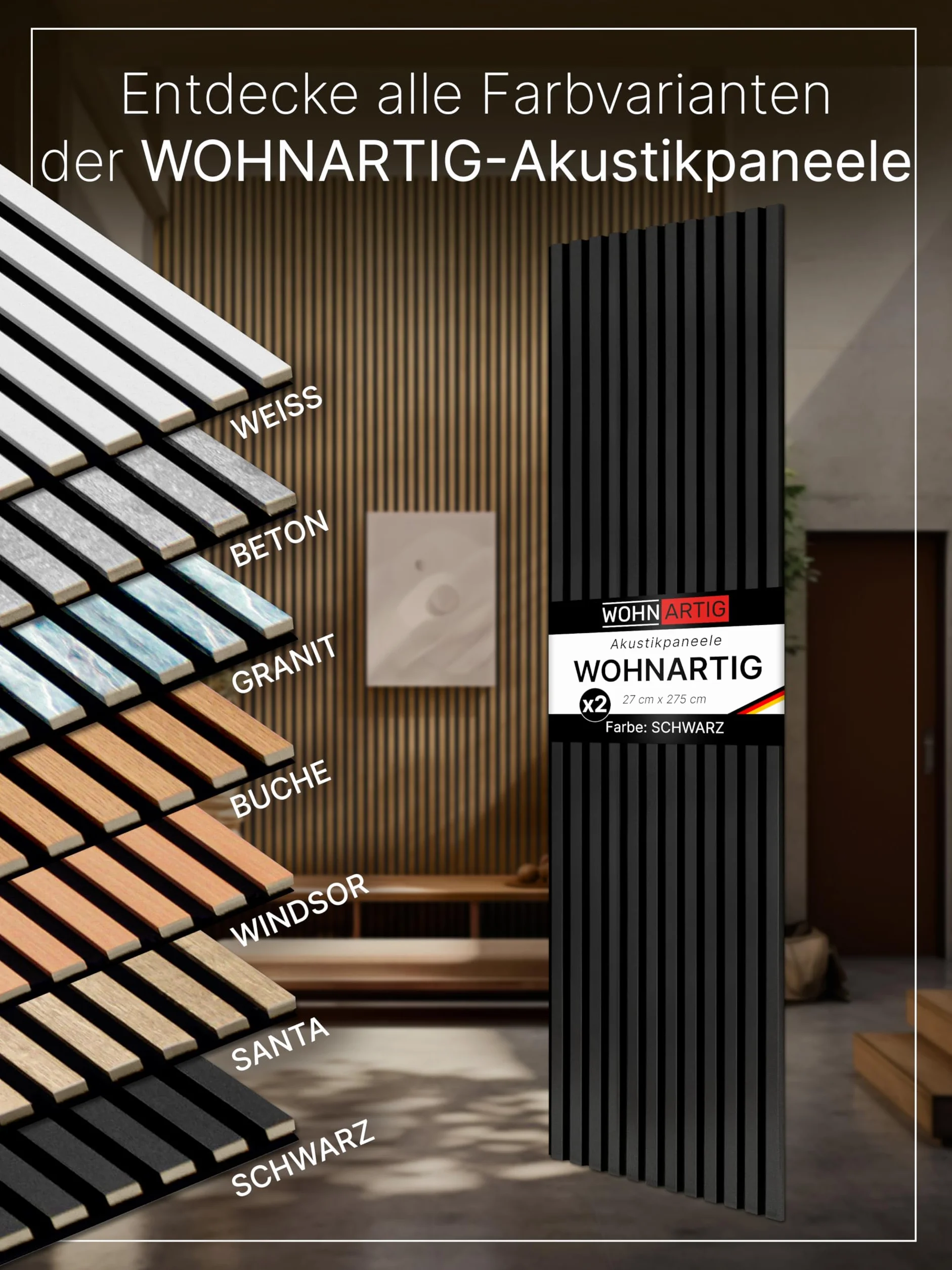 wohnartig® Panele akustyczne 1,485m² - 275cm x 54cm* zestaw - (zestaw = 2 sztuki 275cm x 27cm) | Kolor: Czarny 905 | Okładzina ścienna | Panel akustyczny | Panele ścienne na filcu | Filc akustyczny |