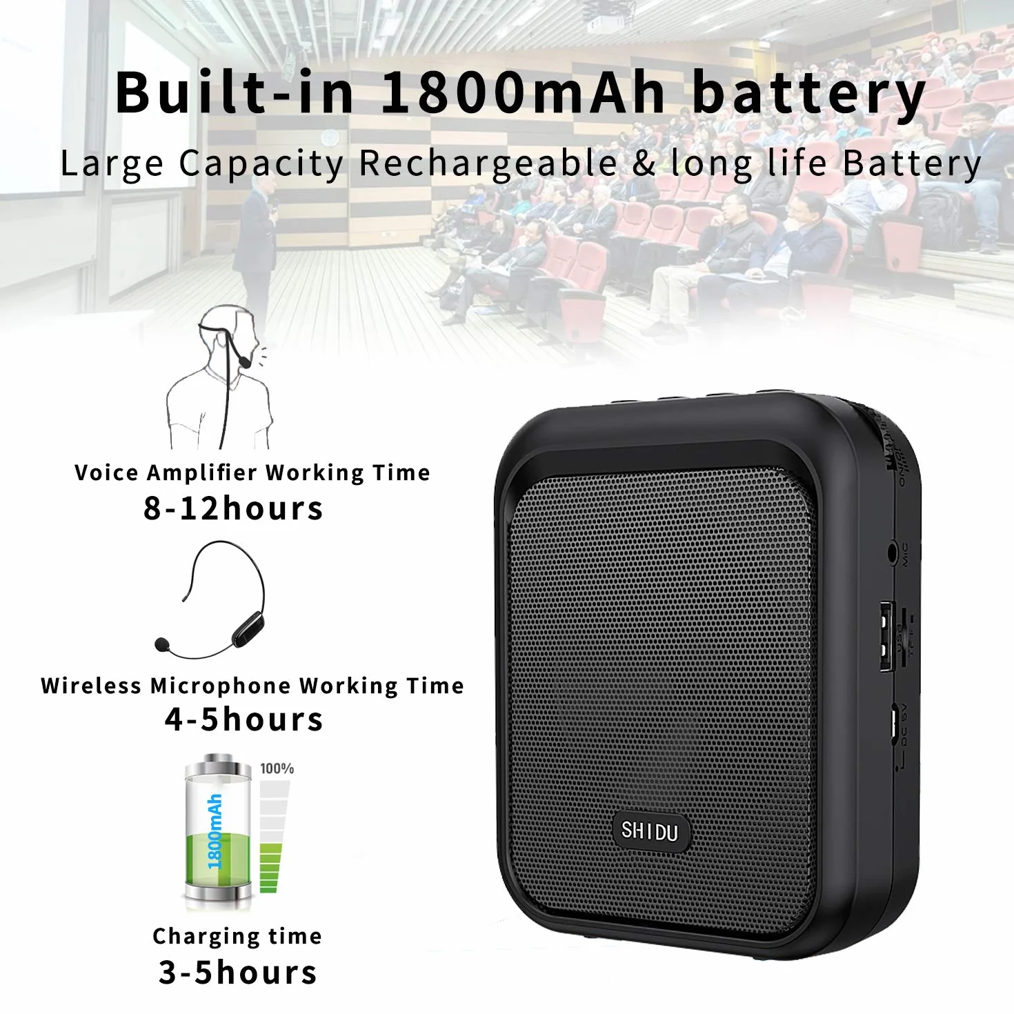 SHIDU mini przenośny głośnik Bluetooth wzmacniacz głosu z bezprzewodowym słuchawkami UHF system nagłośnienia 10W 1800mAh, piosenkarz, taksówkarz kierowca, szkolenie, przewodnik turystyczny