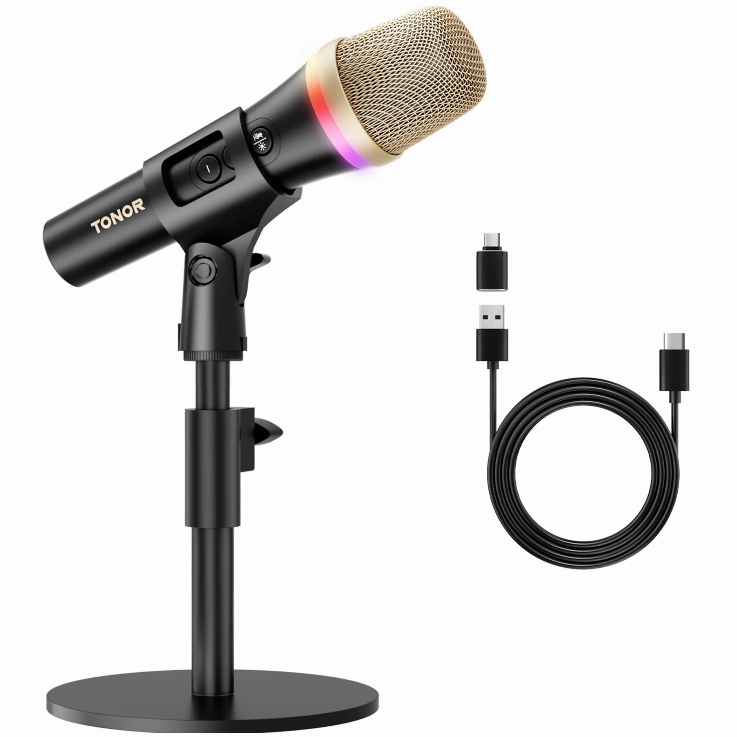 TONOR Mikrofon dynamiczny USB/typ C do komputera PC, mikrofon do gier komputerowych do podcastów RGB ze stojakiem biurkowym do nagrywania, Na żywo,YouTube, śpiewania, studia, karaoke czarny