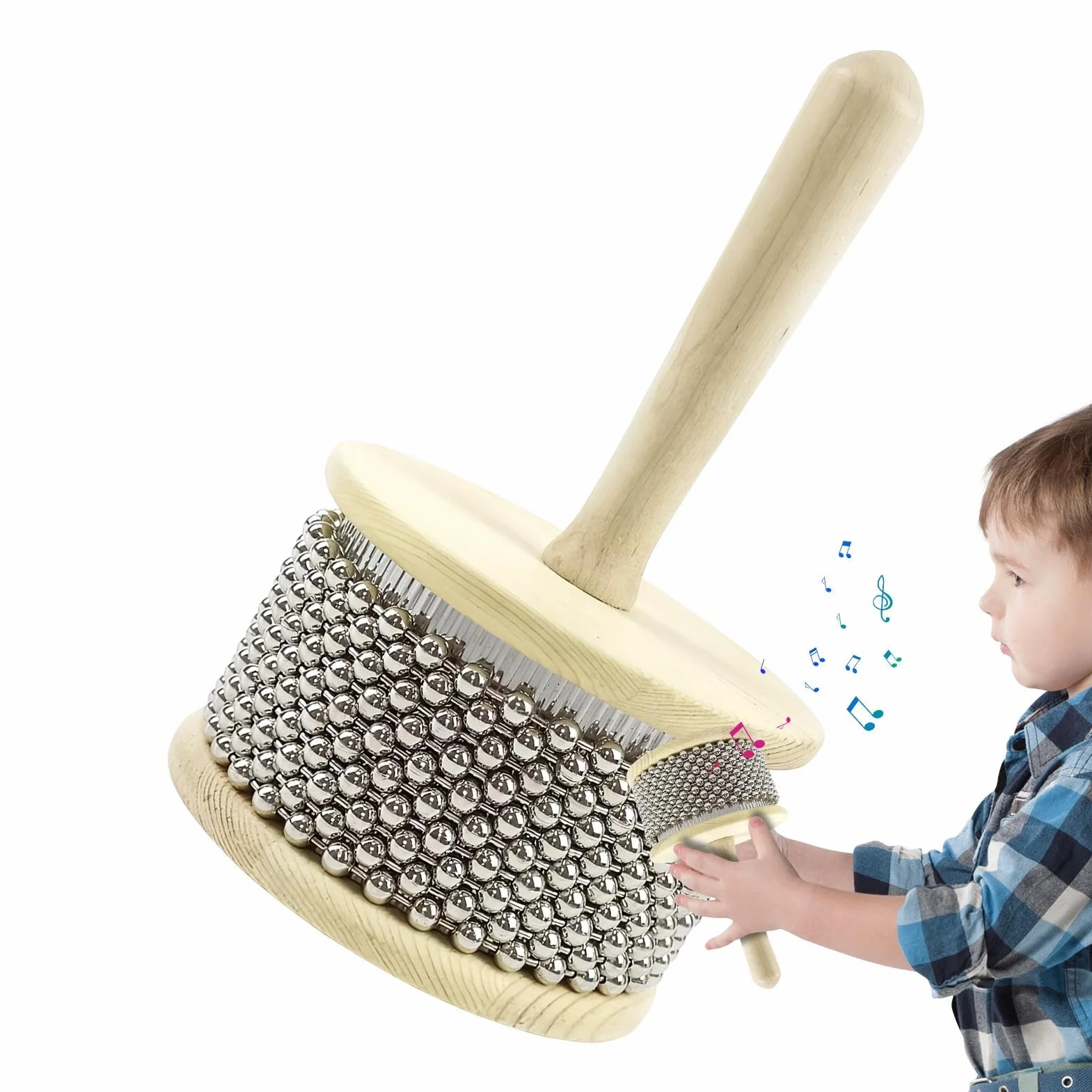 Instrument muzyczny, drewniany instrument perkusyjny , drewniane grzechotki , instrument muzyczny, metalowy ?a?cuszek z koralikami i cylindryczny, do edukacji muzycznej