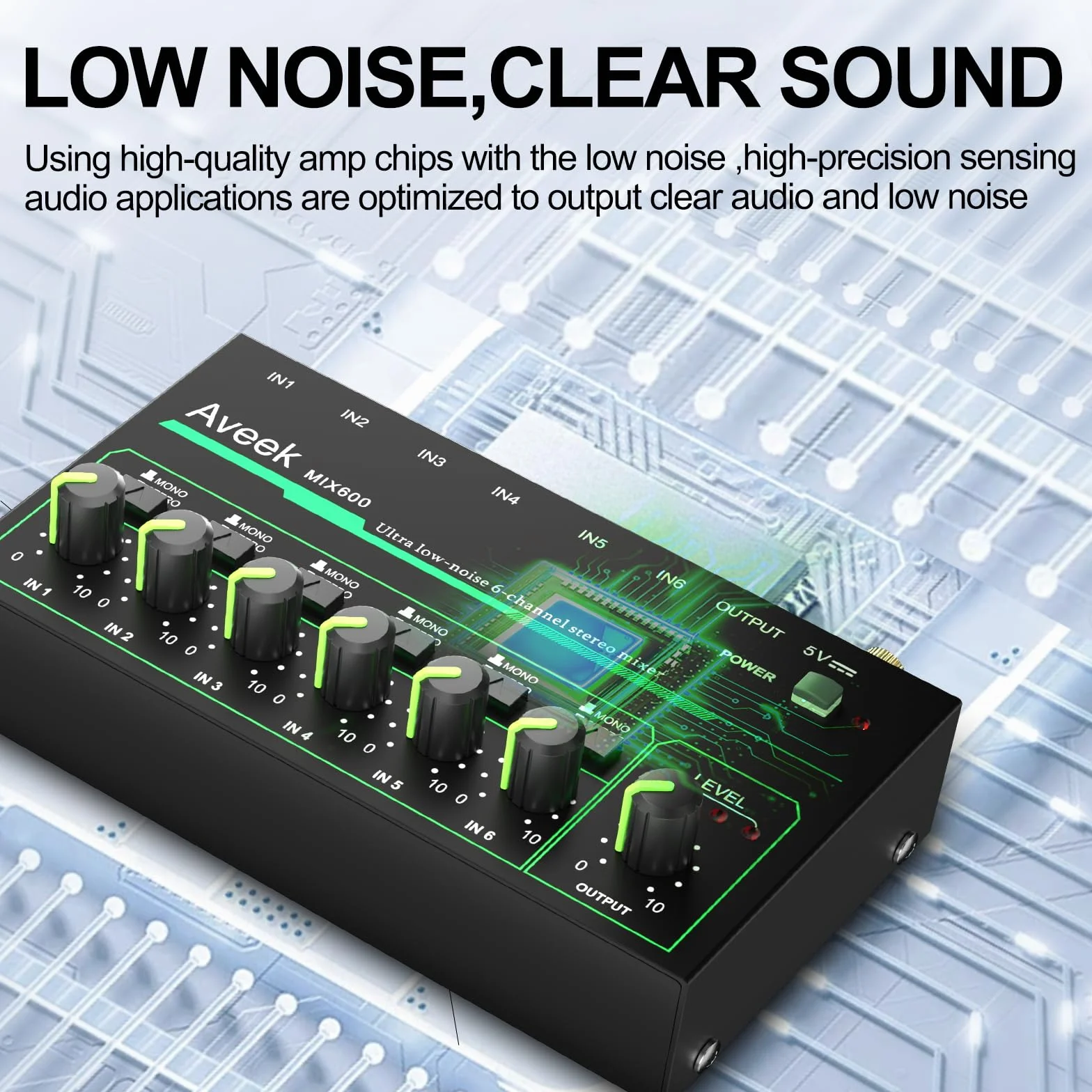 Aveek 6-kanałowy mikser – mini 6-kanałowy mikser audio stereo, niski poziom hałasu dla precyzyjnego podmieszania, wejście/wyjście TRS 1/4 cala, idealny do mikrofonów, gitar, basów, scen