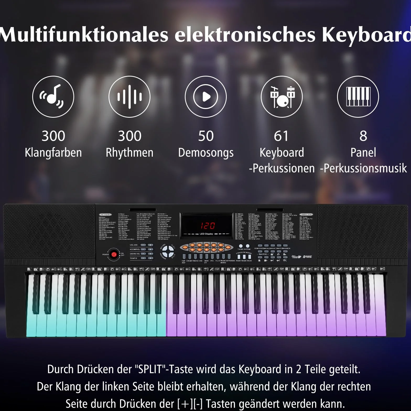 COSTWAY Klawiatura pianino dla początkujących z 61 klawiszami, cyfrowe pianino z 300 tonami, 300 rytmów, 50 demo, 3 tryby nauki, w zestawie stojak, mikrofon