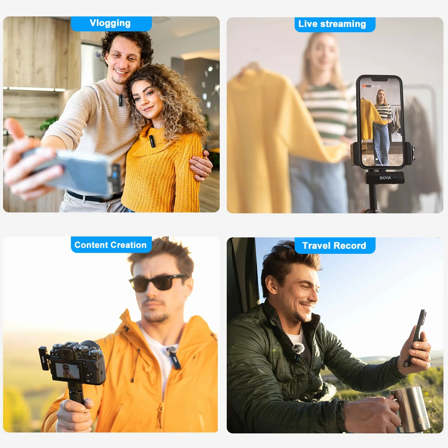 Boya BOYALINK A2 bezprzewodowy mikrofon krawatowy do iPhone'a/Androida/kamery Vlogging, system "wszystko w jednym", wejście Lightning i USB-C do smartfonów/DSLR YouTube Facebook Live (A2)