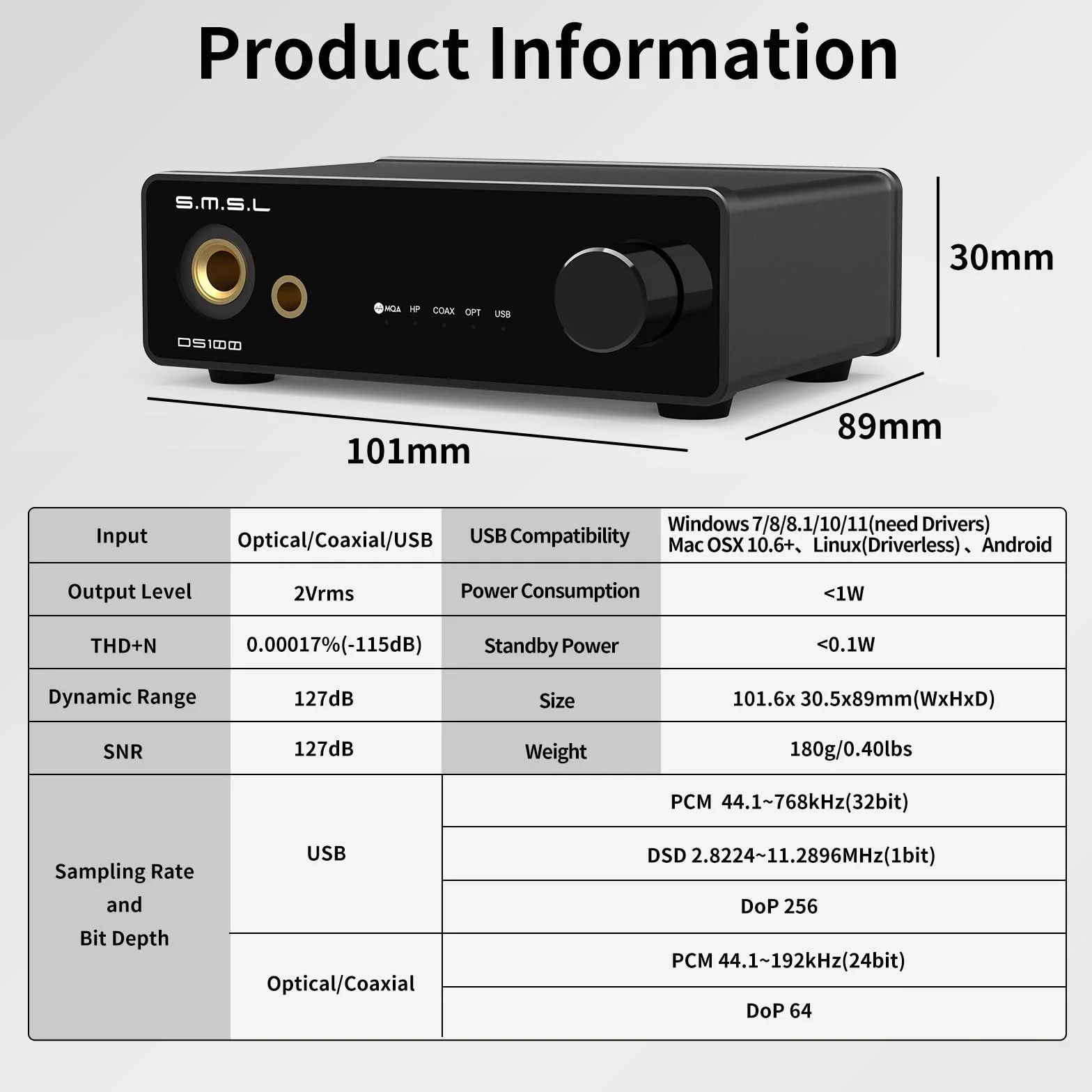 S.M.S.L DS100 USB MQA DAC z układem CS43131, wzmacniacz słuchawkowy 6,35 mm i 4,4 mm Obsługa MQA CD XMOS XU-316 32bit/768kHz DSD256 Wejście USB/optyczne/koncentryczne Mini DAC THD+N 0,00017%